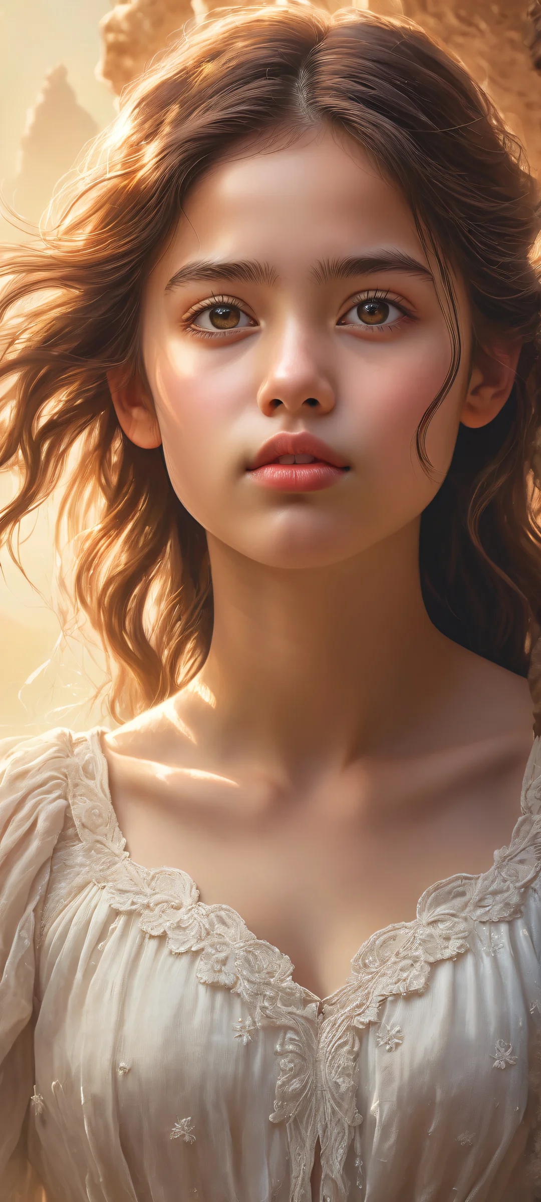 Girl surrounded by breathtaking dreamy landscapes on an iPhone or Android mobile device.