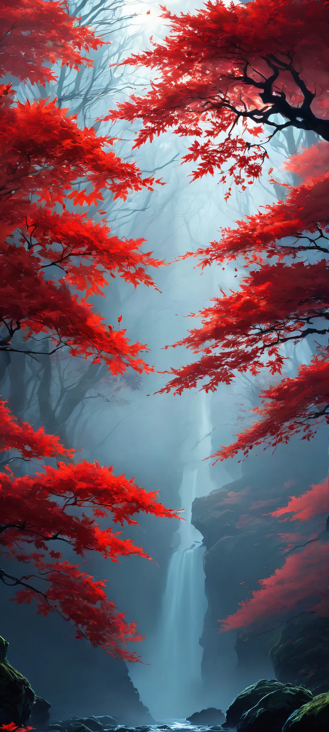 Breathtaking vertical mobile phone wallpaper of Druid with glowing red leaves on a dark background, suitable for iPhone and Android devices.