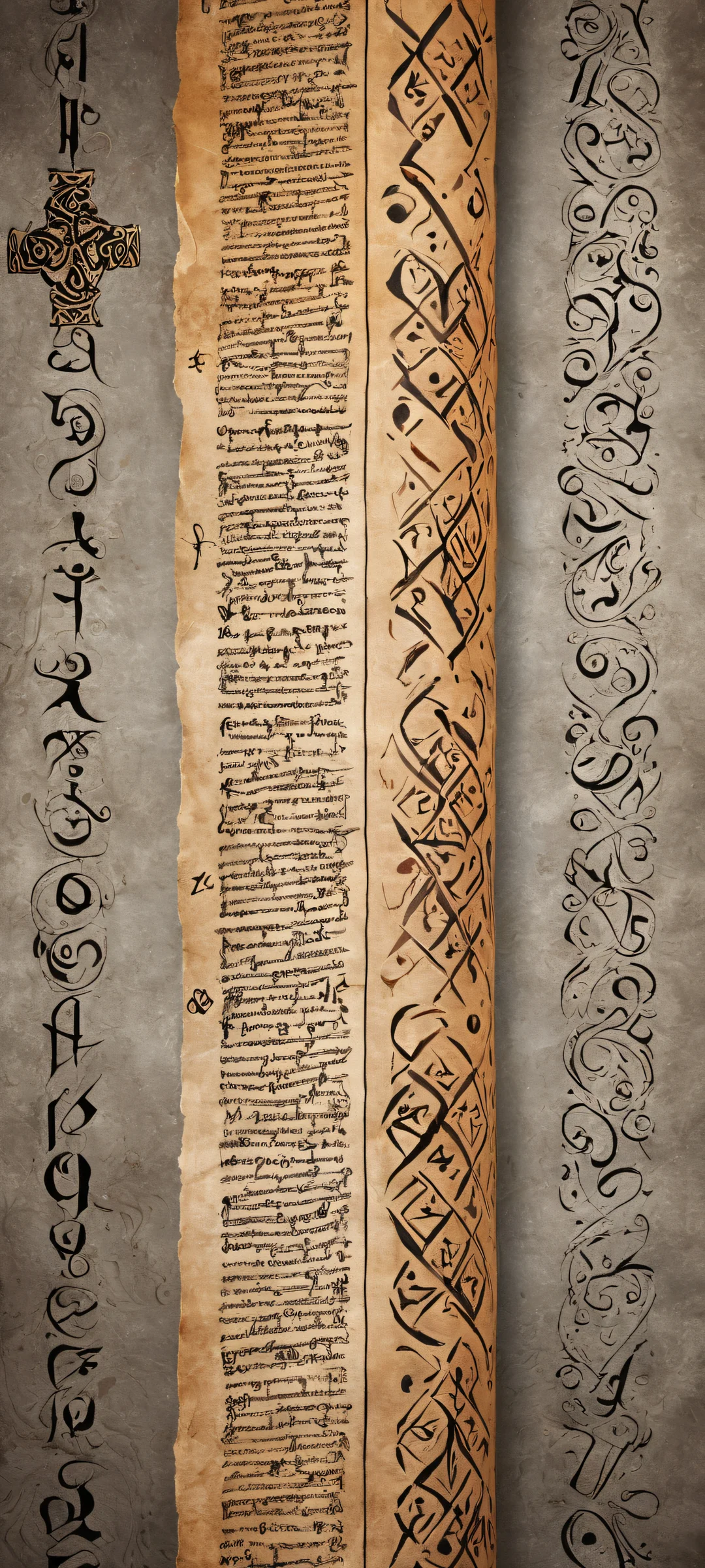 Ancient scrolls and mystical runes on a dark background with iPhone/Android