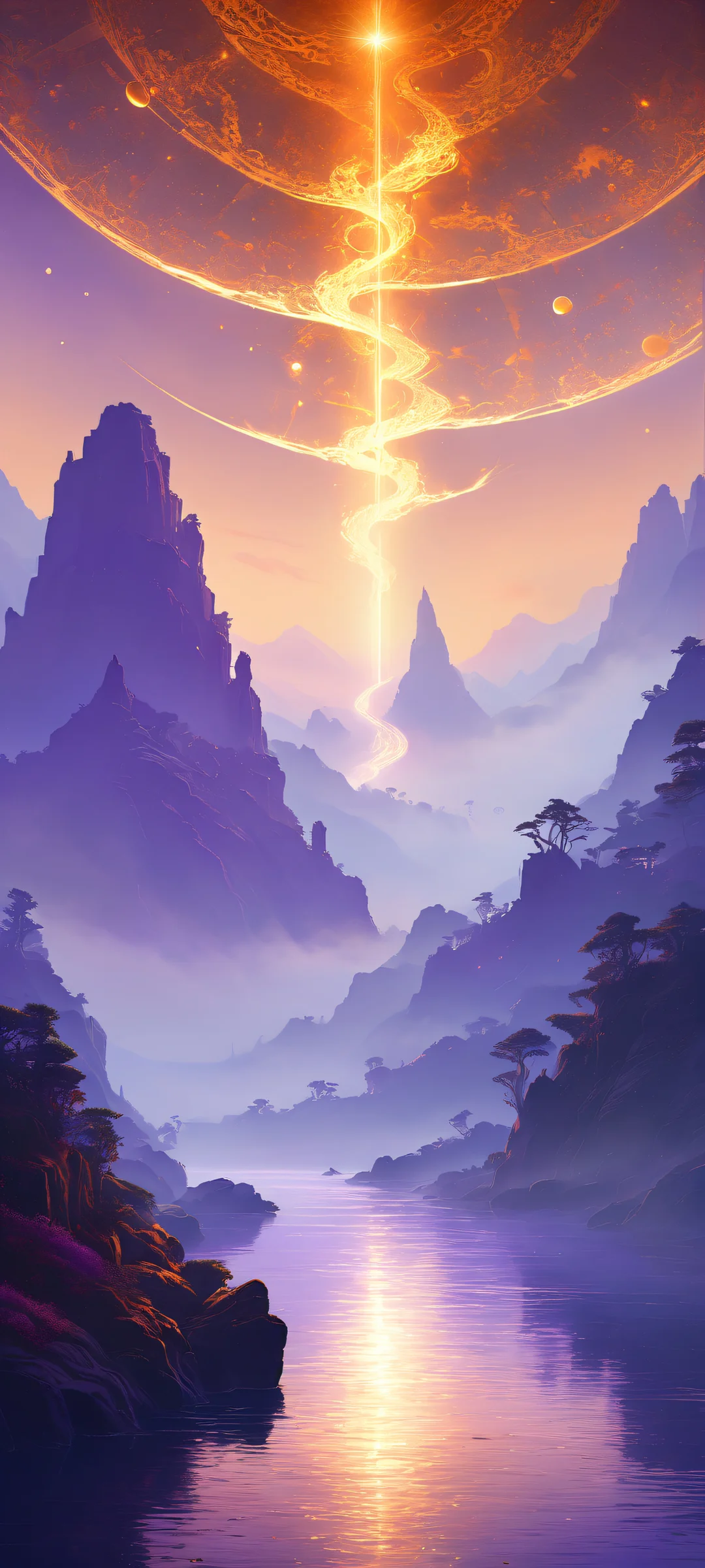 Ancient scrolls placed in the lower-middle of a mysterious foggy landscape on an iPhone or Android device, with radiant colors and subtle ray-traced reflections.