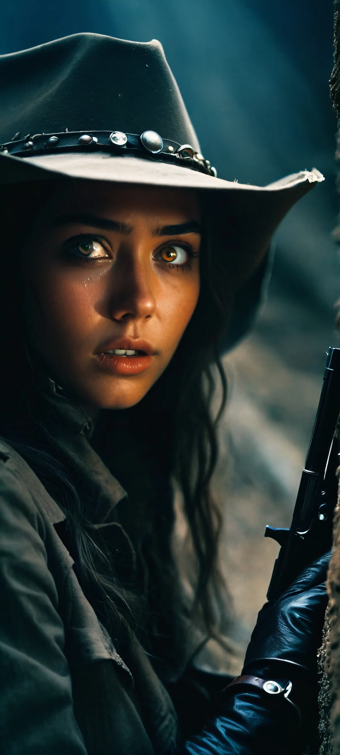 A hauntingly beautiful image of girls in a ruined abyssal trench, captured with a cowboy shot and glowing eyes against a black background. Perfect for iPhone or Android devices.