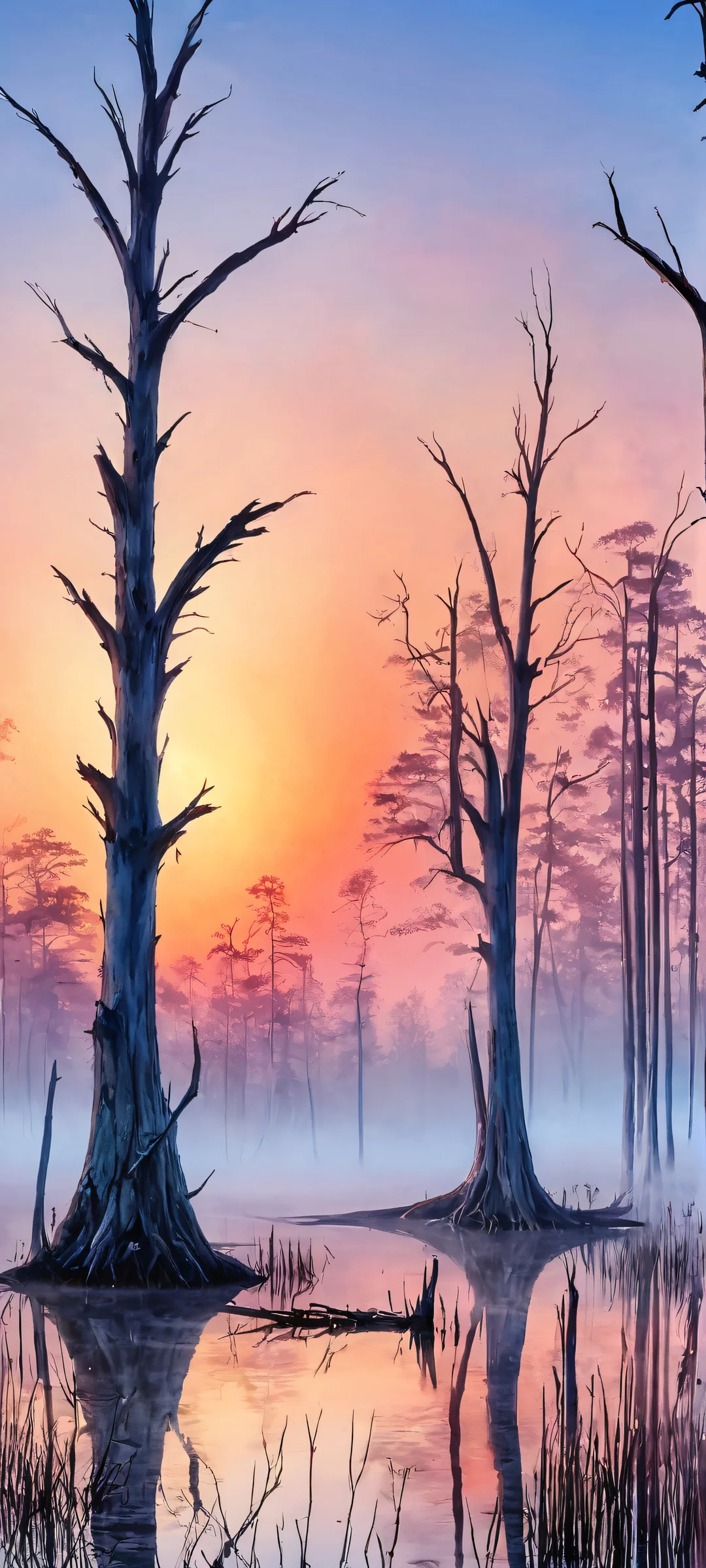 iPhone and Android users will love this breathtaking vertical mobile phone wallpaper featuring dead trees amidst swamp fog at dusk.