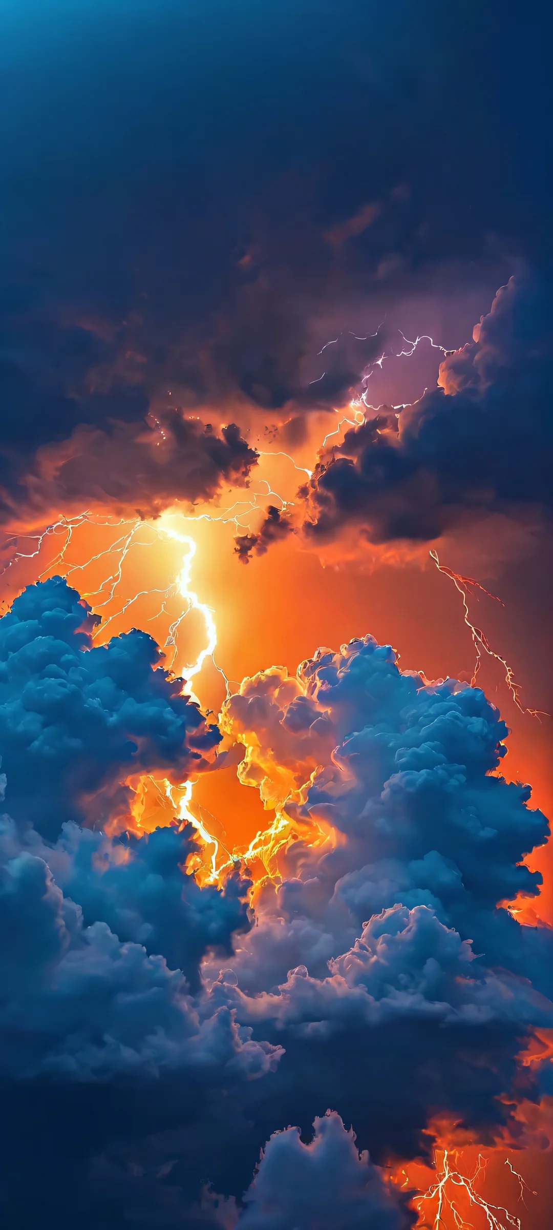 A mesmerizing iPhone and Android wallpaper featuring electric clouds, deep blues, fiery oranges, and an abstract lightning storm.
