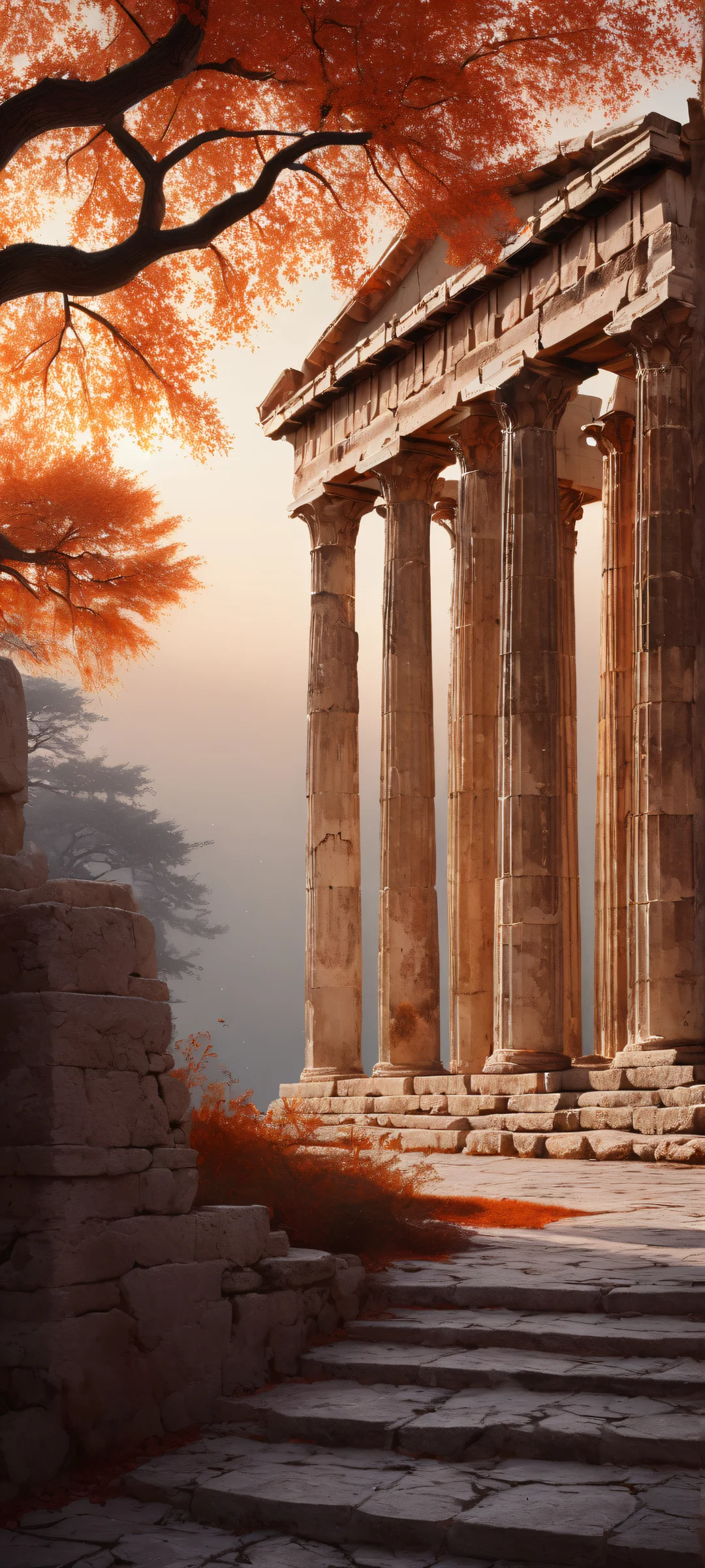 Breathtaking vertical portrait artwork of a Greek Temple amidst a Gothic Dark Forest, perfectly optimized for iPhone and Android home screens.