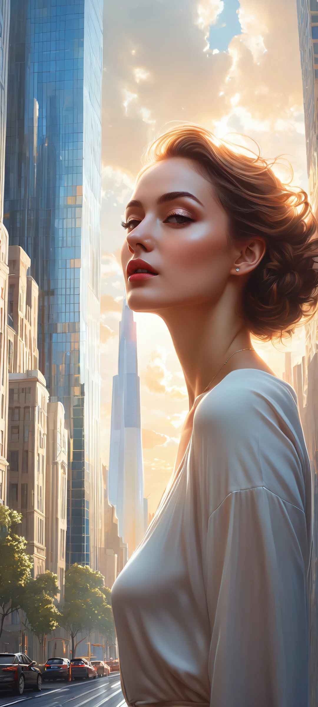 Ethereal Urban Oasis iPhone & Samsung QHD Wallpaper Beautiful iPhone/Android wallpaper of a serene urban cityscape with a stunning woman standing amidst the architecture, perfect for home screens.