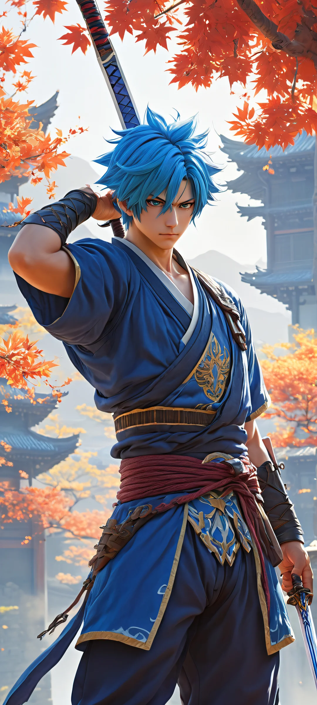 Majestic anime warrior on iPhone or Android home screen with serene landscape and ethereal lighting