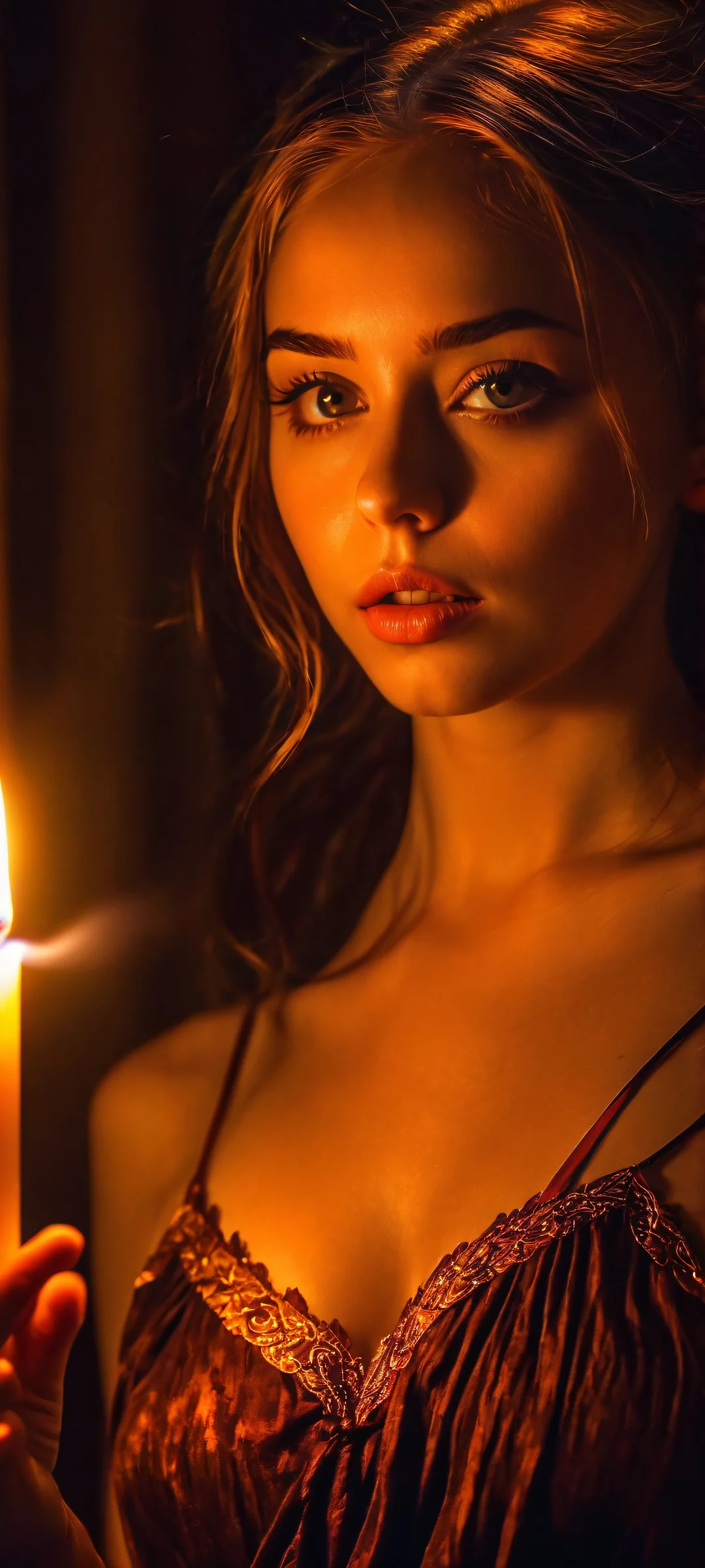 Illuminated girl in darkness with glowing amber aura, perfectly optimized for iPhone and Android home screens.