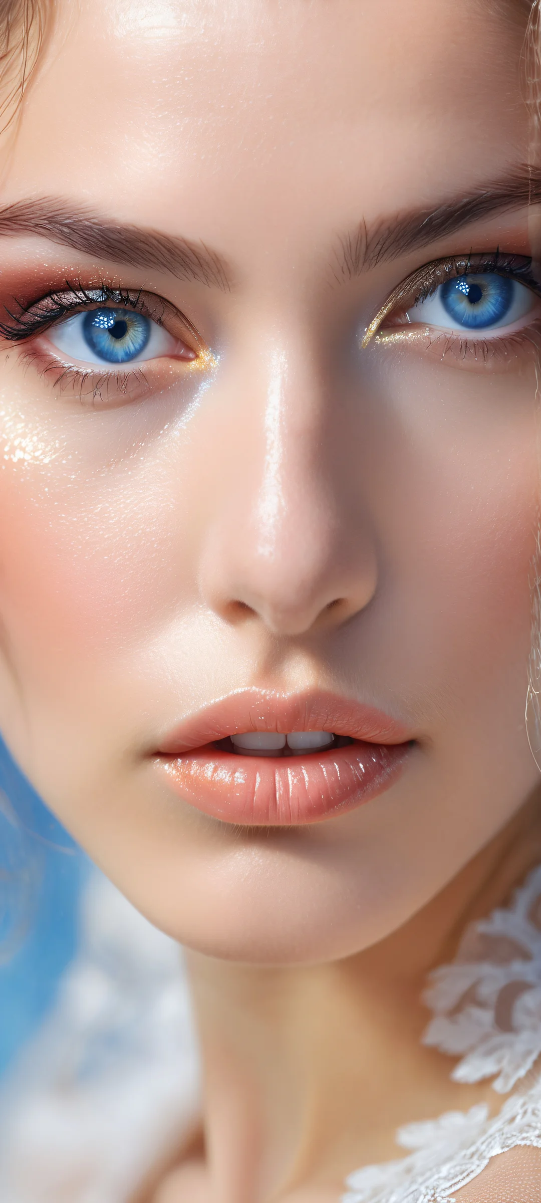 Mysterious young woman with radiant blue eyes on a serene background. Perfect for iPhone/Android home screens.