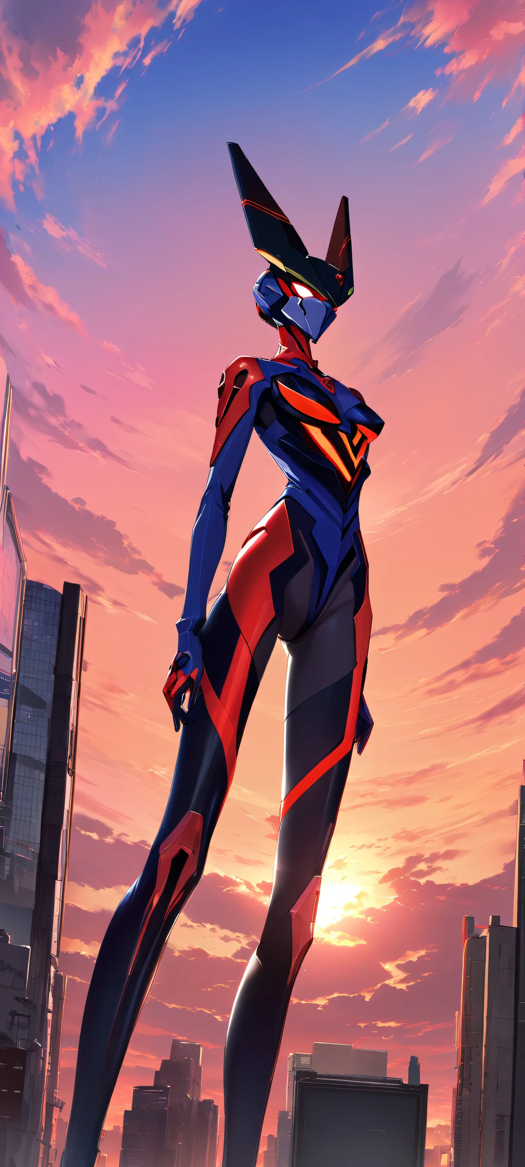 Breathtaking Evangelion scene set against a vibrant sunset sky, perfectly suited for iPhone/Android home screens.