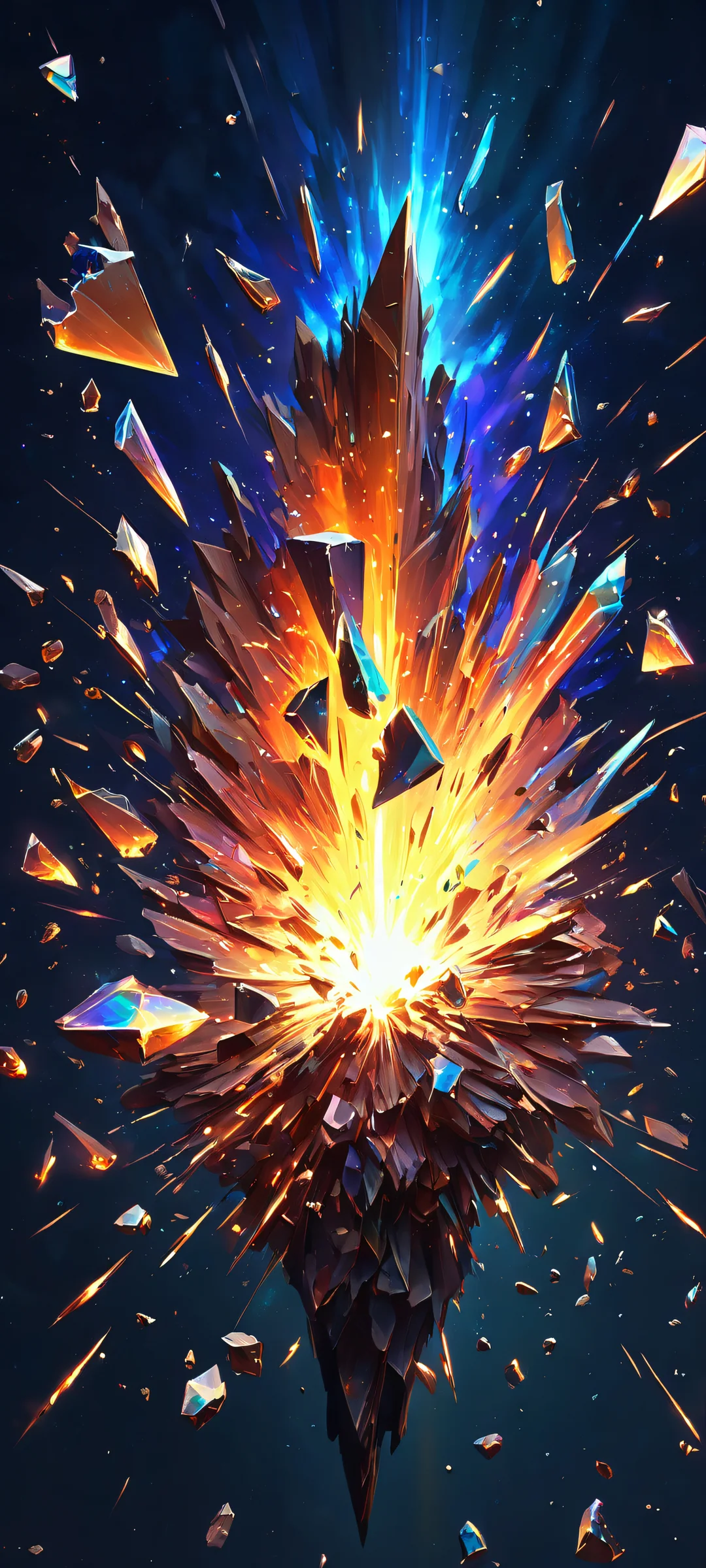 A stunning vertical mobile wallpaper of exploding shards set against a dark night sky, created with oil painting techniques. Perfect for iPhone and Android devices.