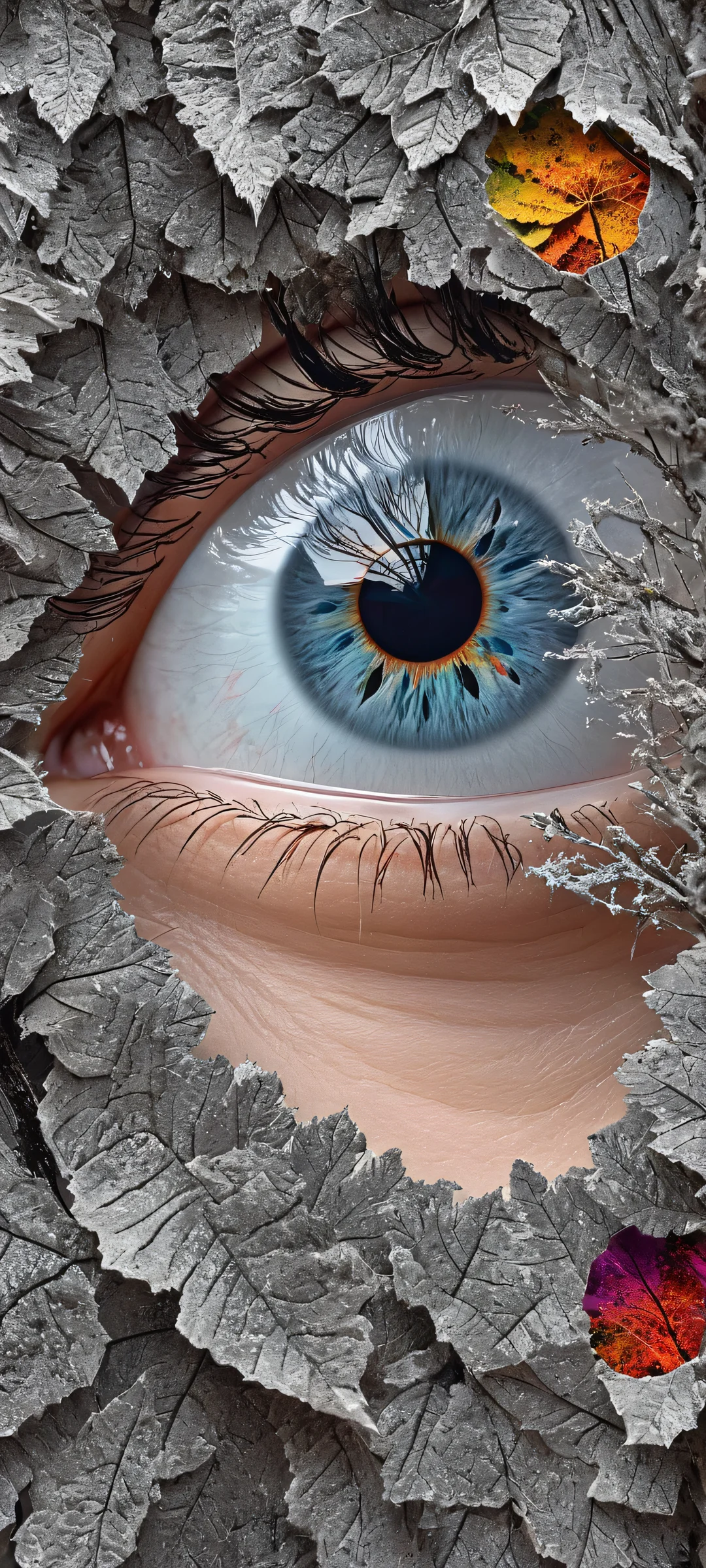 Eye of Ashen Mystery 2K QHD Mobile Wallpaper Elegant eye with expressive features surrounded by ashes and trees, perfect for iPhone/Android home screens.