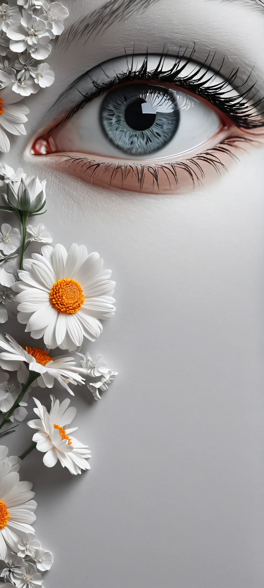 Beautiful eye wallpaper with ash and flower decoration on a paper backdrop for iPhone/Android devices
