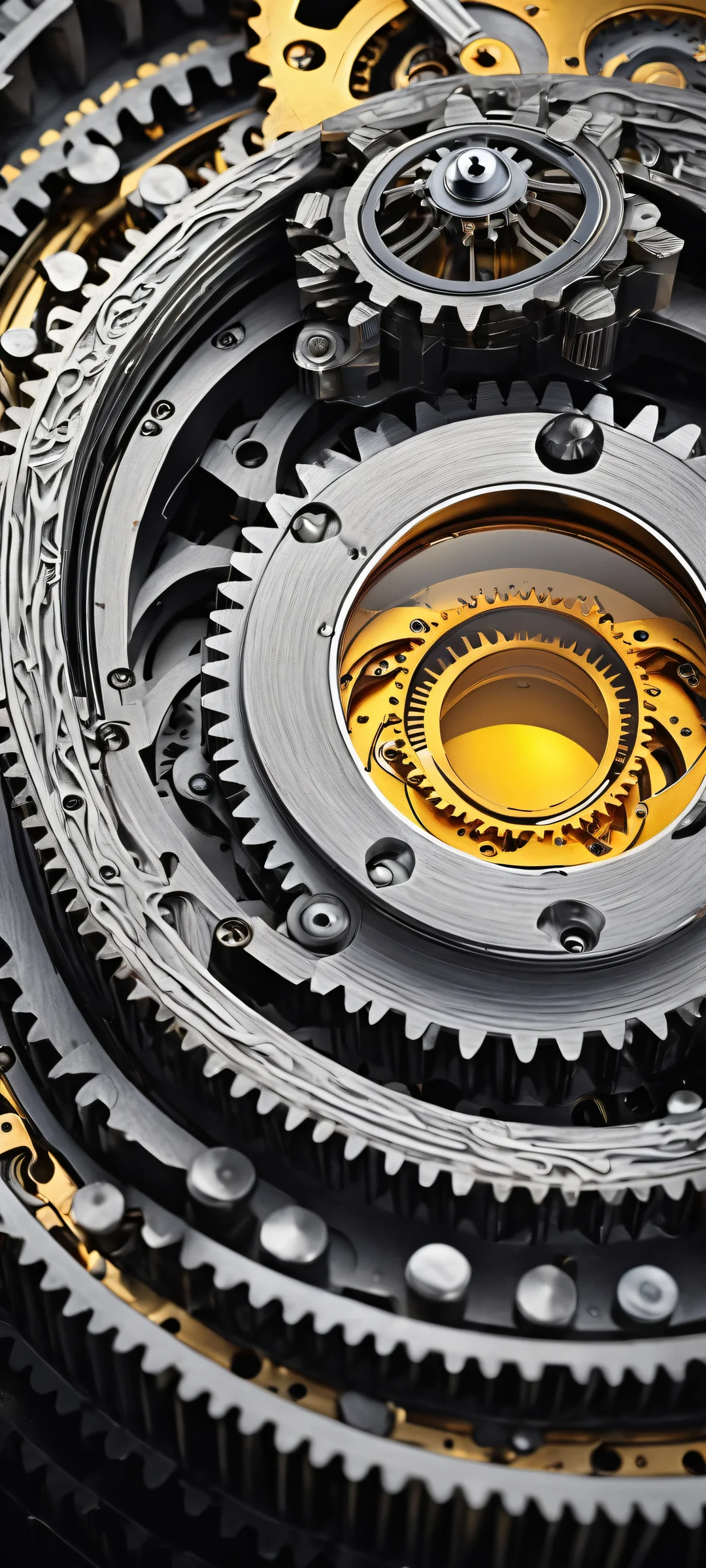 A stunning iPhone/Android wallpaper featuring a striking eye amidst intricate mechanical gears and mechanisms.