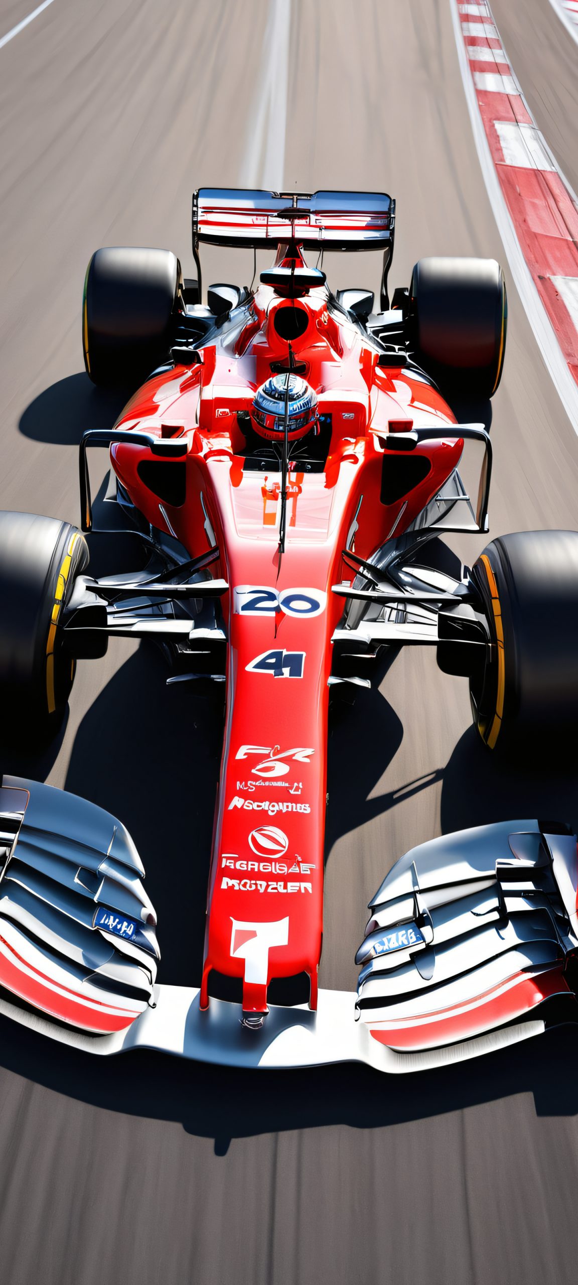 A stunning vertical wallpaper of a Formula One car speeding down the track on a sunny day, perfect for iPhone and Android devices.