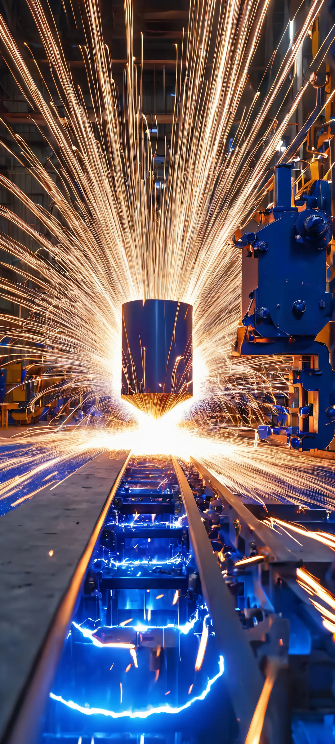 A mesmerizing mobile phone wallpaper of industrial sparks on a metallic grey and electric blue background, perfect for iPhone/Android.