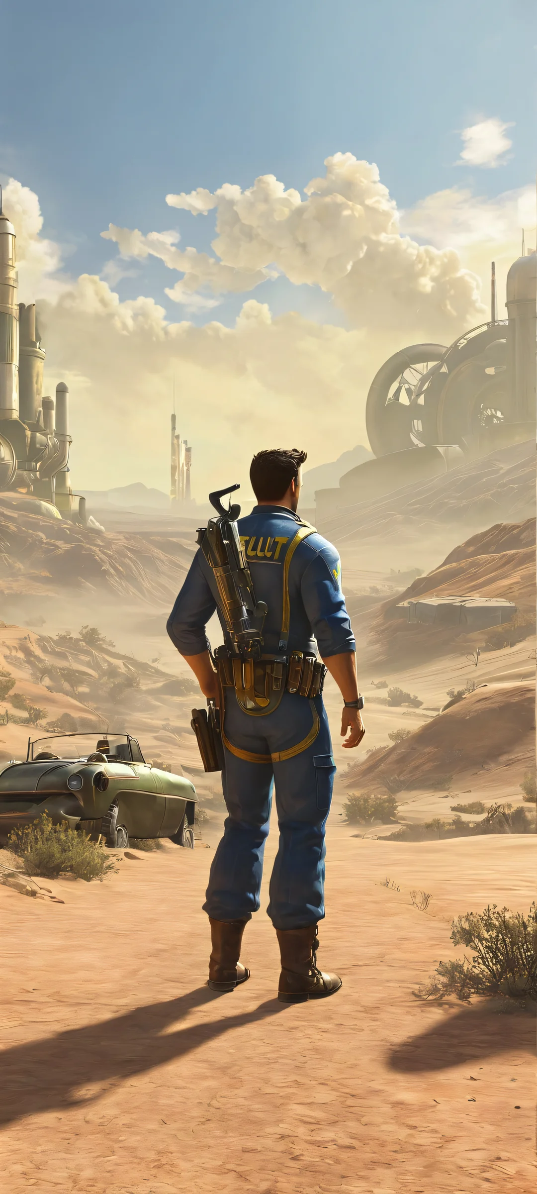 A stunning digital art piece featuring men in a Fallout-inspired scene. Perfekt für iPhone- und Android-Startbildschirme.