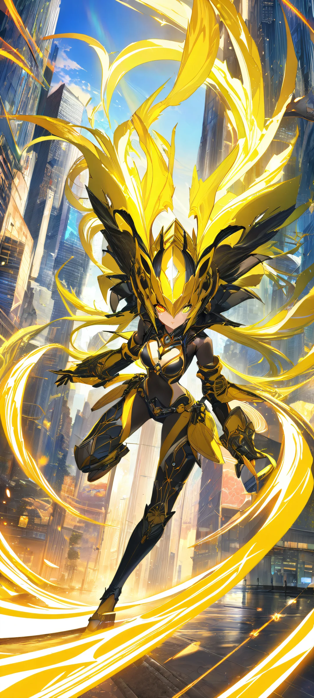 Anime girls and fantasy elements in a vibrant cityscape on an iPhone/Android device.