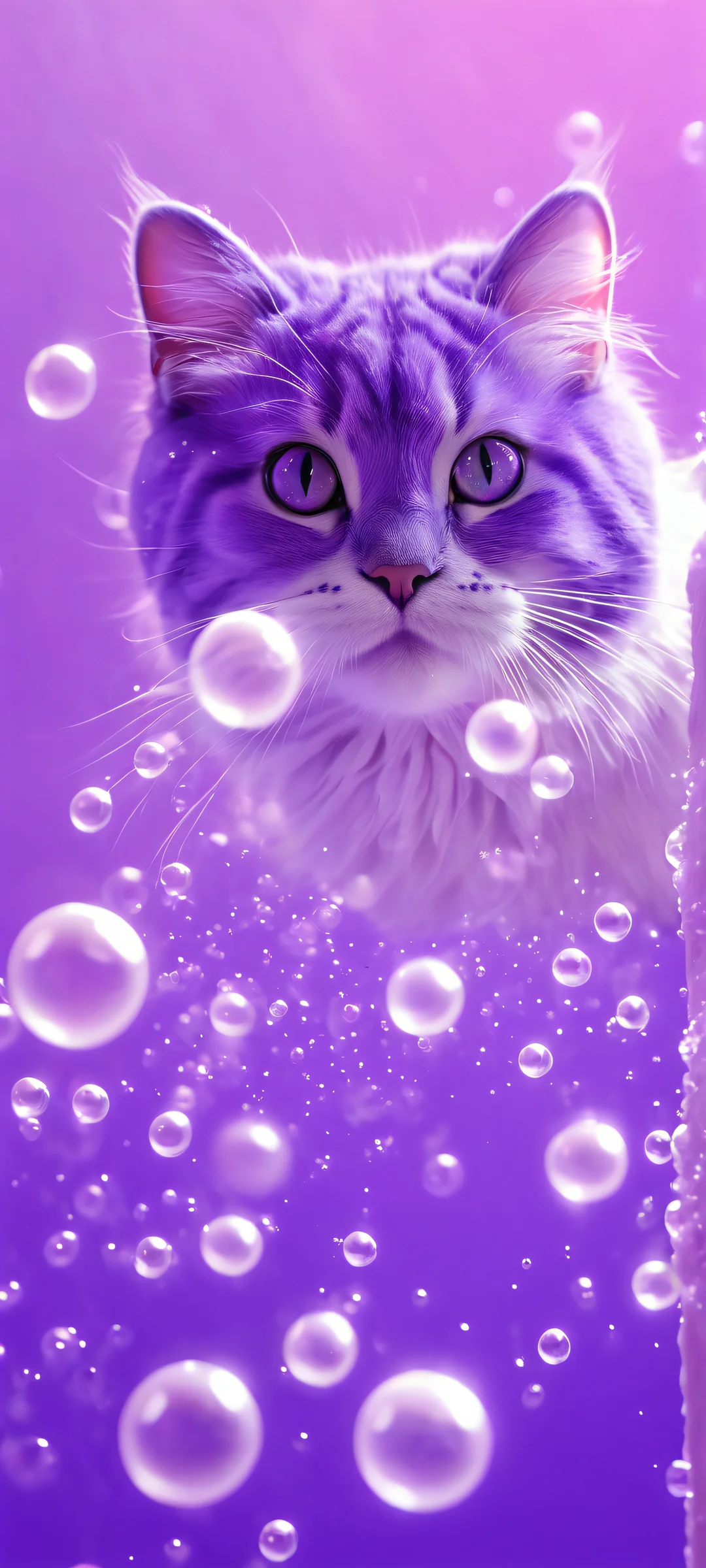 A whimsical cat surrounded by foamy bubbles in a dreamy purple hue, perfectly suited for iPhone and Android home screens.