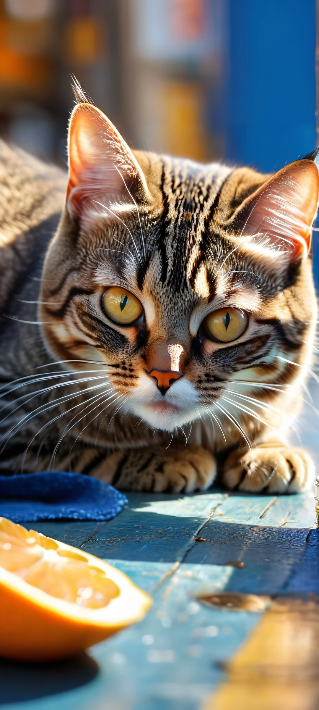 A curious tabby cat hugs a shiny fish on a bustling market street, perfect for iPhone/Android home screens.