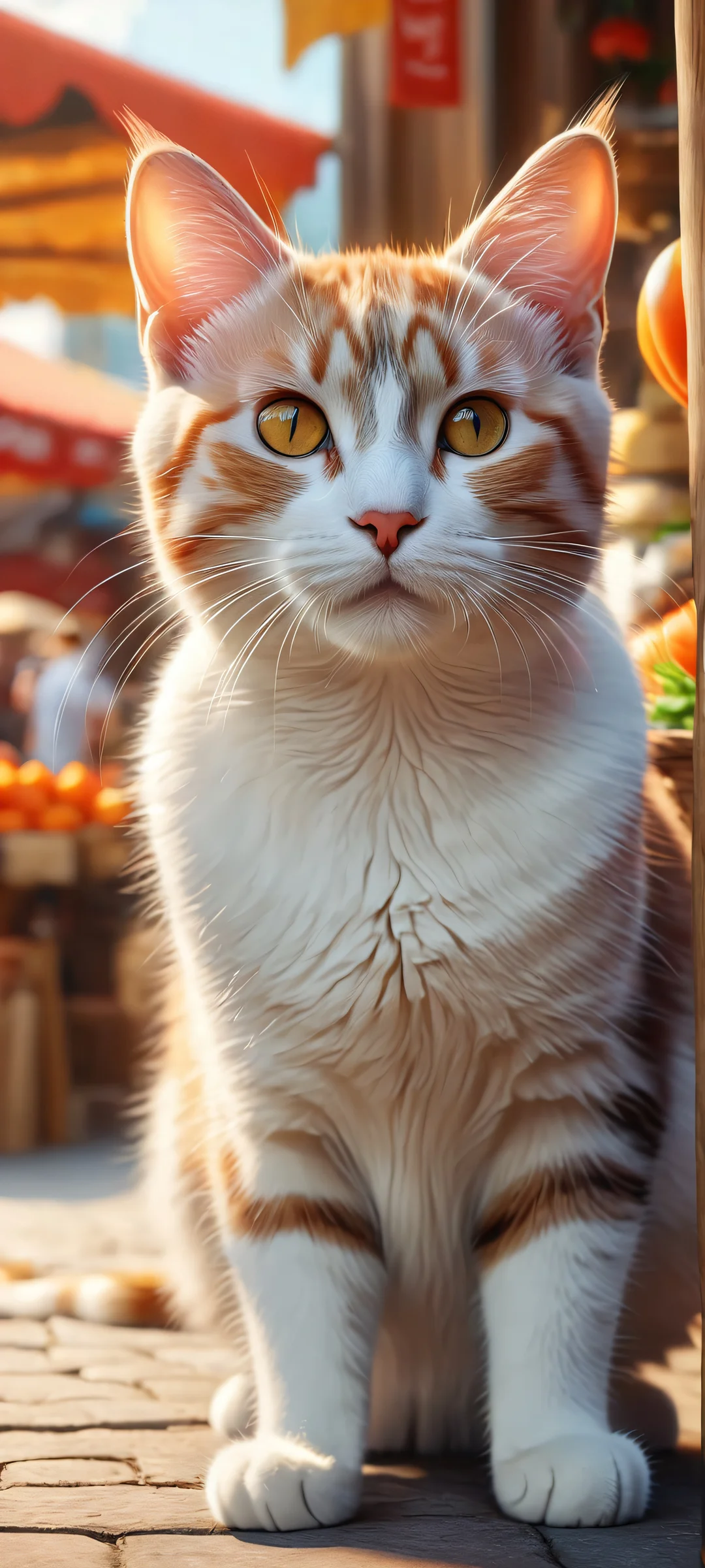 A majestic cat standing amidst the vibrant colors and lively atmosphere of a bustling market. Perfect for iPhone/Android home screens.