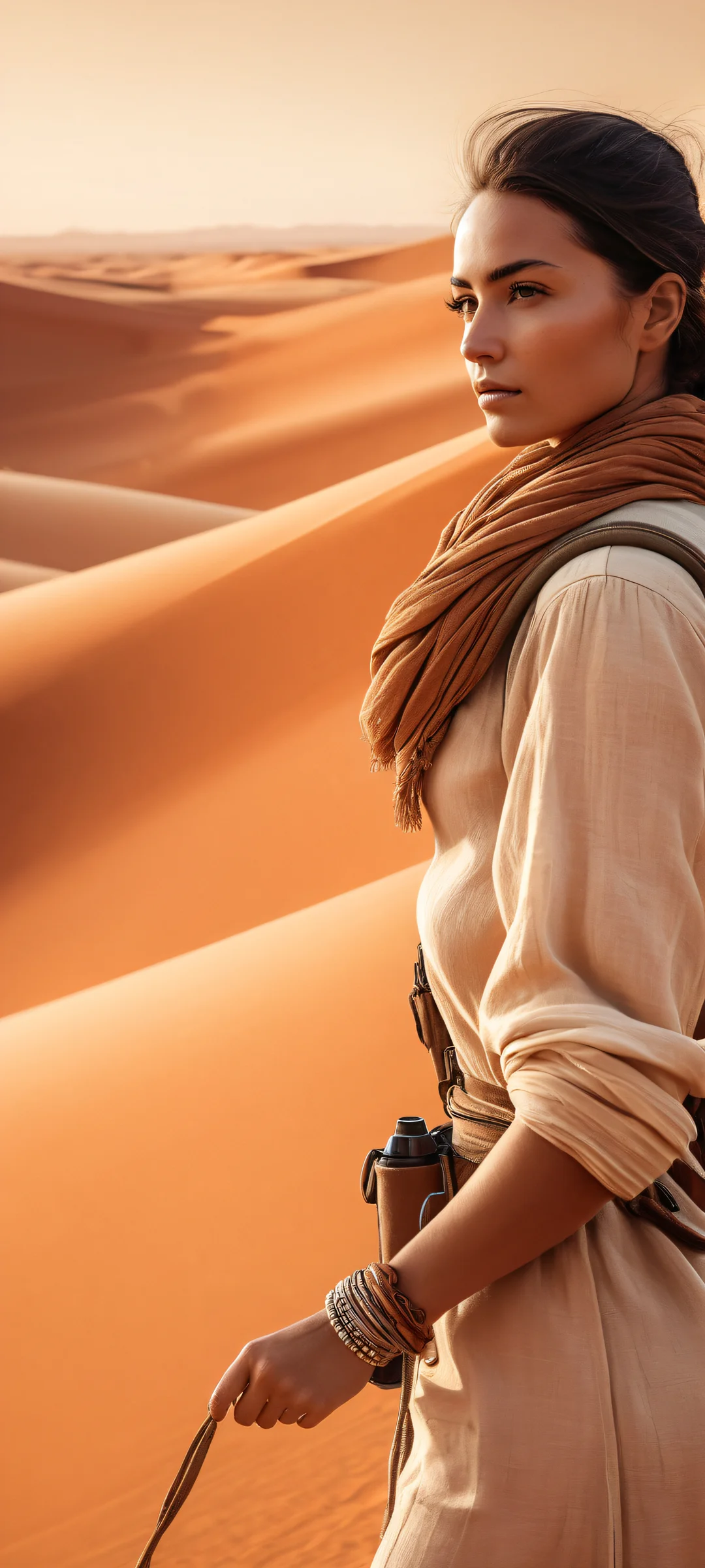 iPhone/Android wallpaper featuring a stunning female explorer amidst dusty desert landscapes with intricate linework and expressive contrasts.