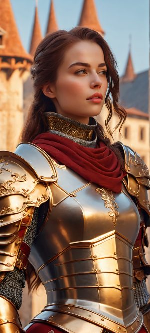 female knight cityscape red gold scaled