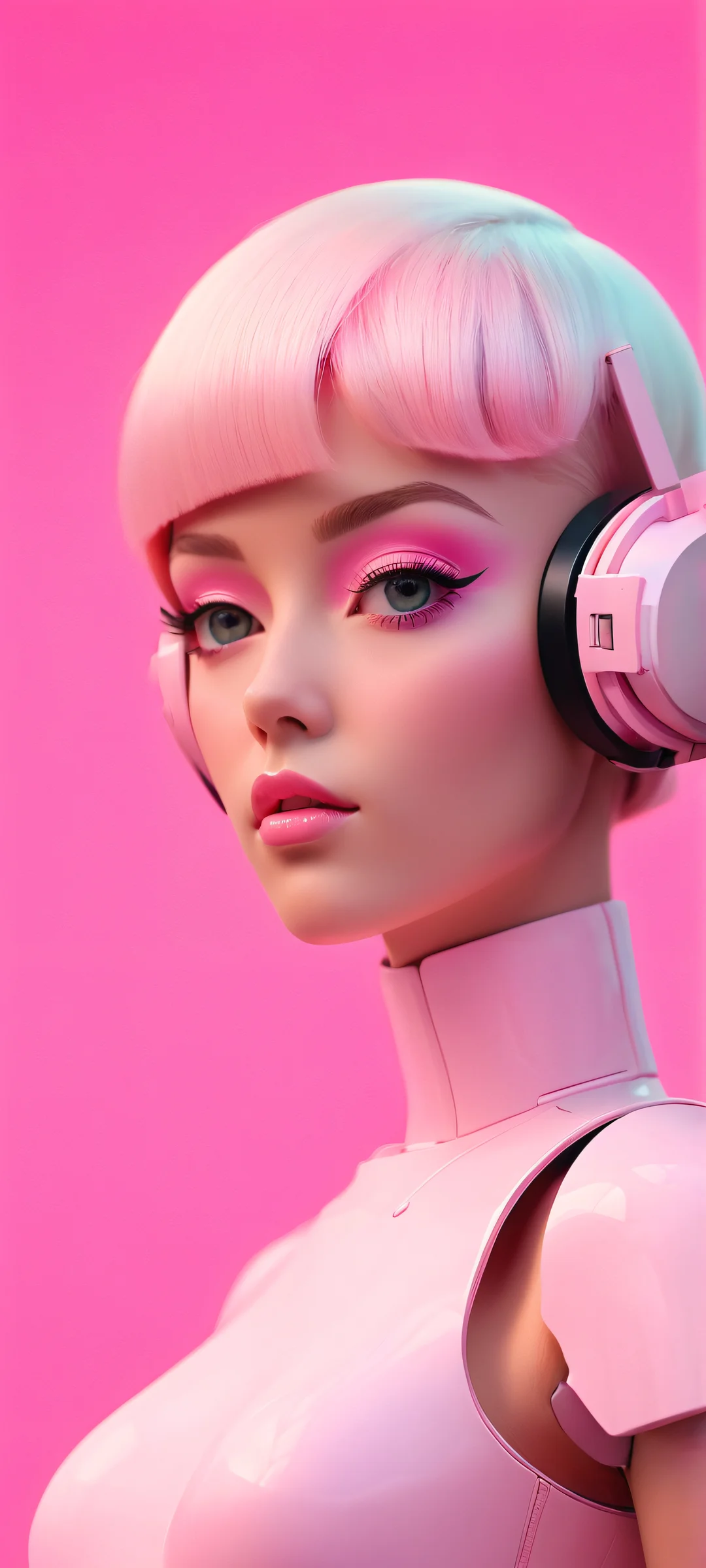 Breathtaking FemmeBot wallpaper for iPhone and Android, with soft focus and minimalistic 3D design, featuring pastel colors and a touch of elegance.