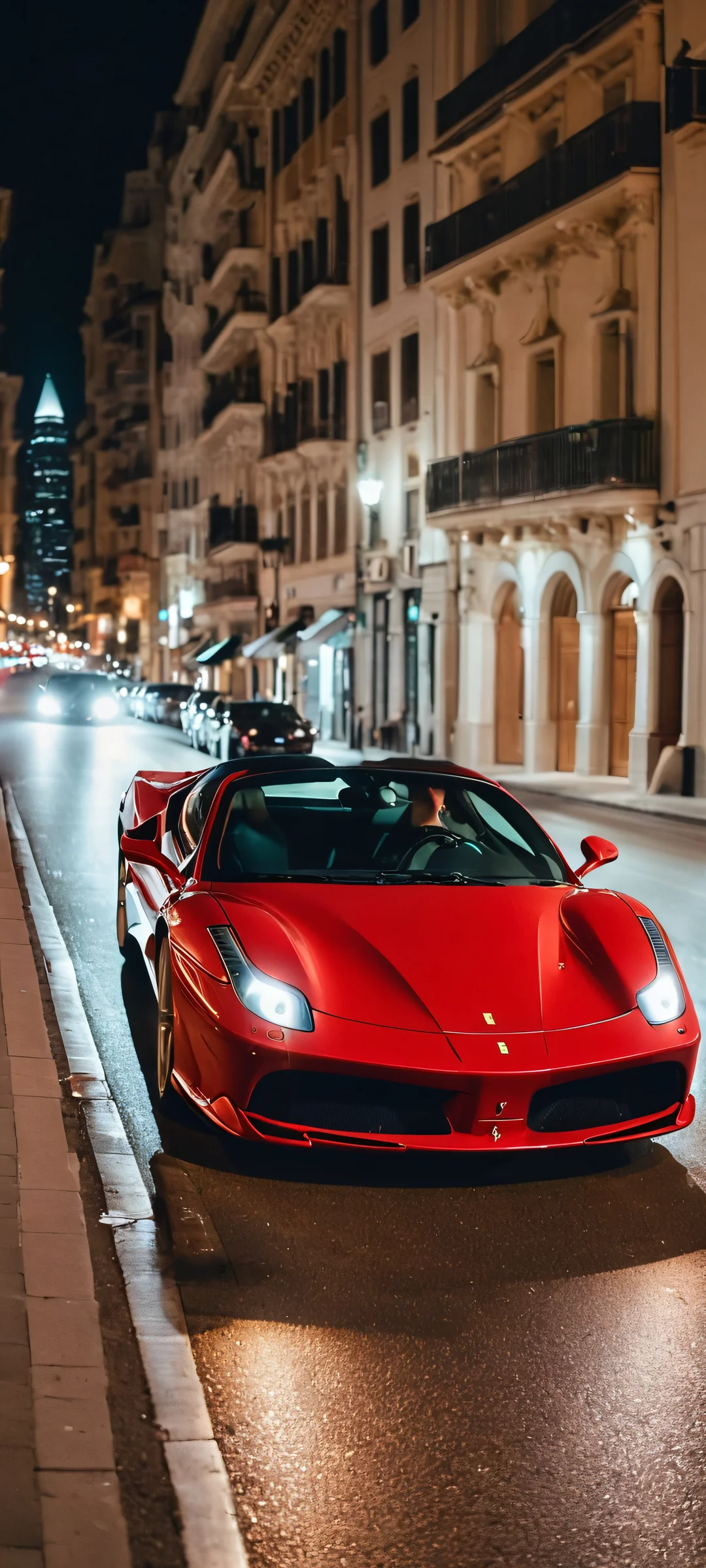 A stunning city night scene with a Ferrari and beautiful girls, perfectly lit by the car's headlights and city lights. Compatible with iPhone/Android.