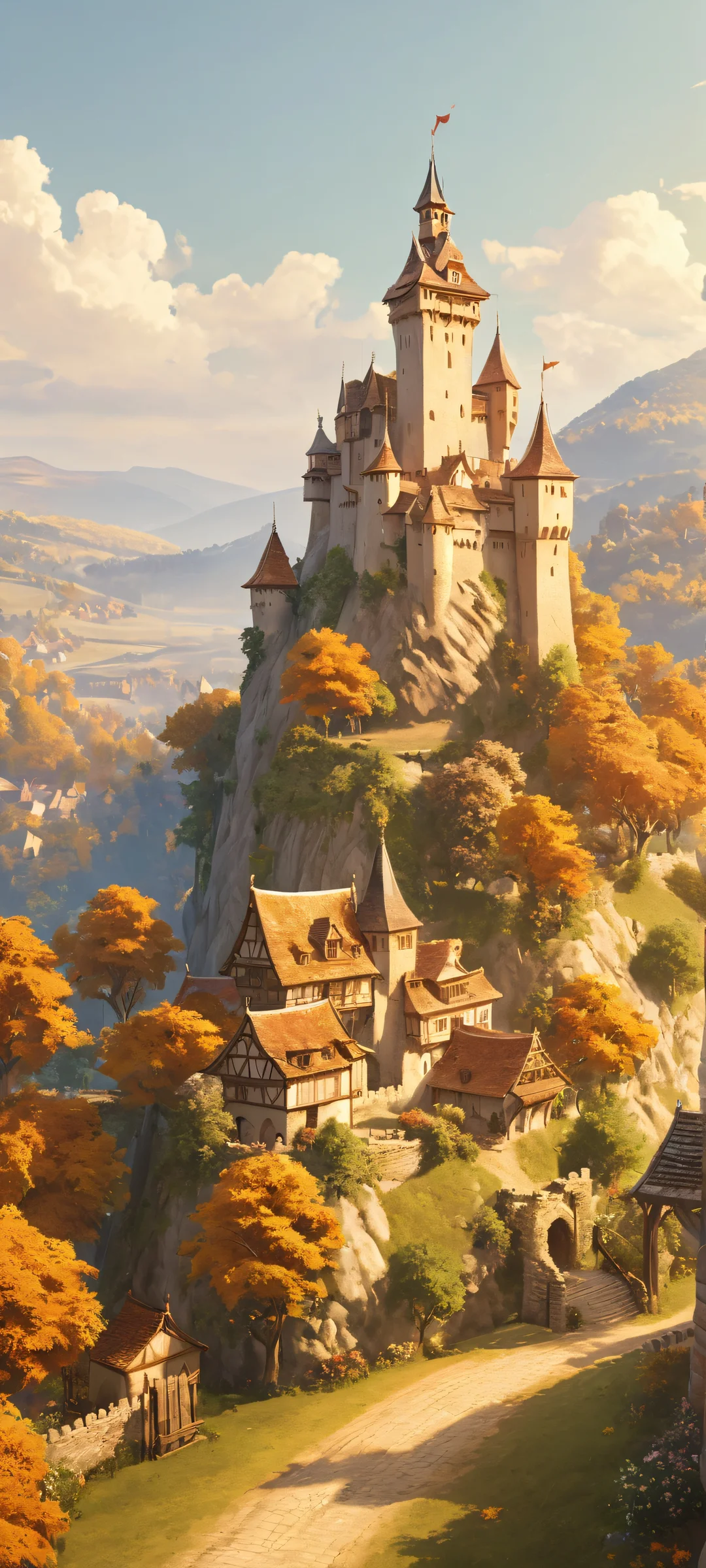 iPhone and Android mobile wallpaper featuring a breathtakingly detailed medieval castle and village at sunset, perfect for your phone's home screen