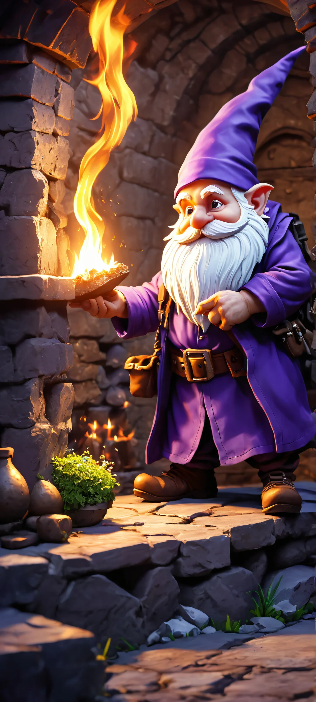 Fiery Dungeon Quest QHD Phone Background iPhone/Android user, behold the fantastical GNOME_SCIENTIST in a precarious position amidst the ominous atmosphere of DUNGEON_CELLAR. Fiery hues of PURPLE and WHITE ignite the darkness.