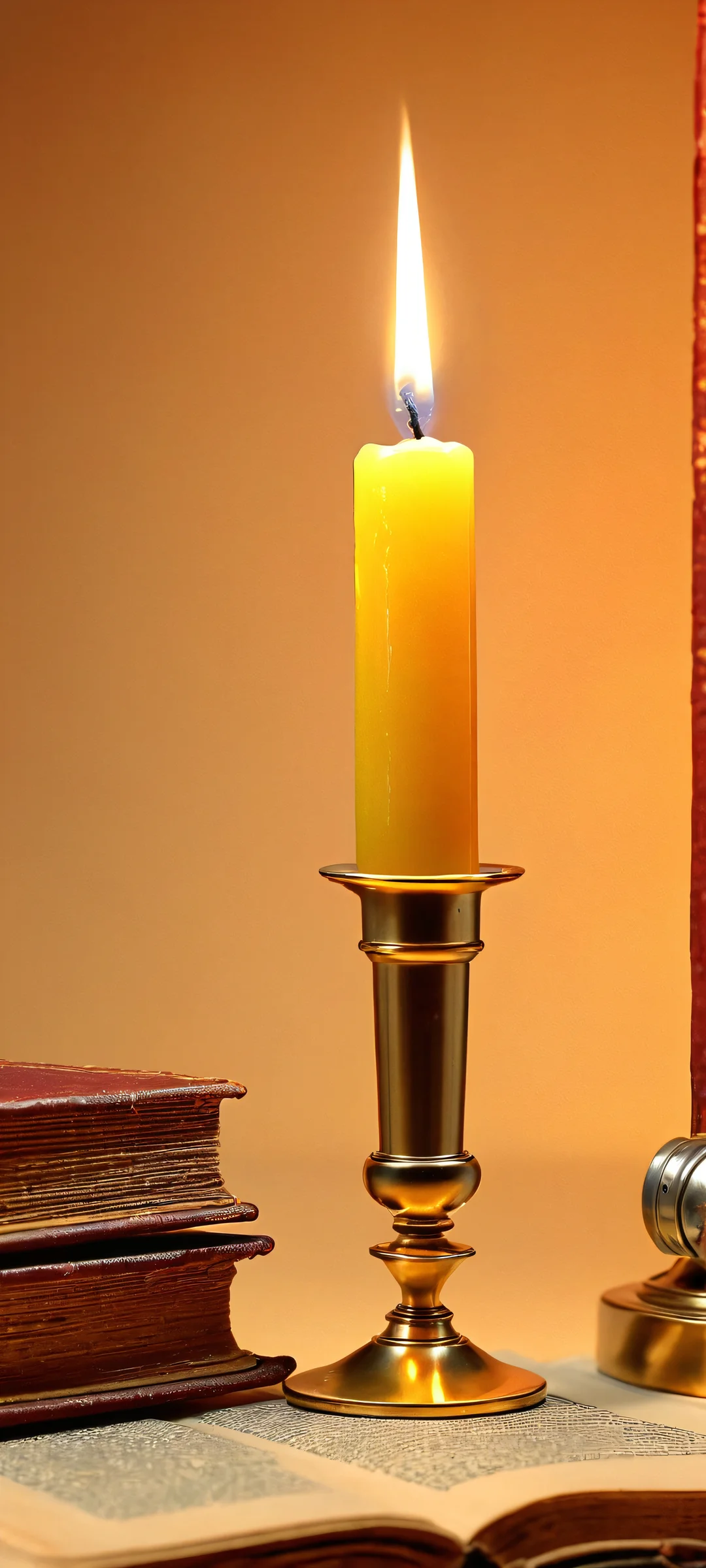 Microscopic still-life of vintage book pages and a flickering candle. Perfectly optimized for iPhone, Samsung Galaxy, and Android home screens.