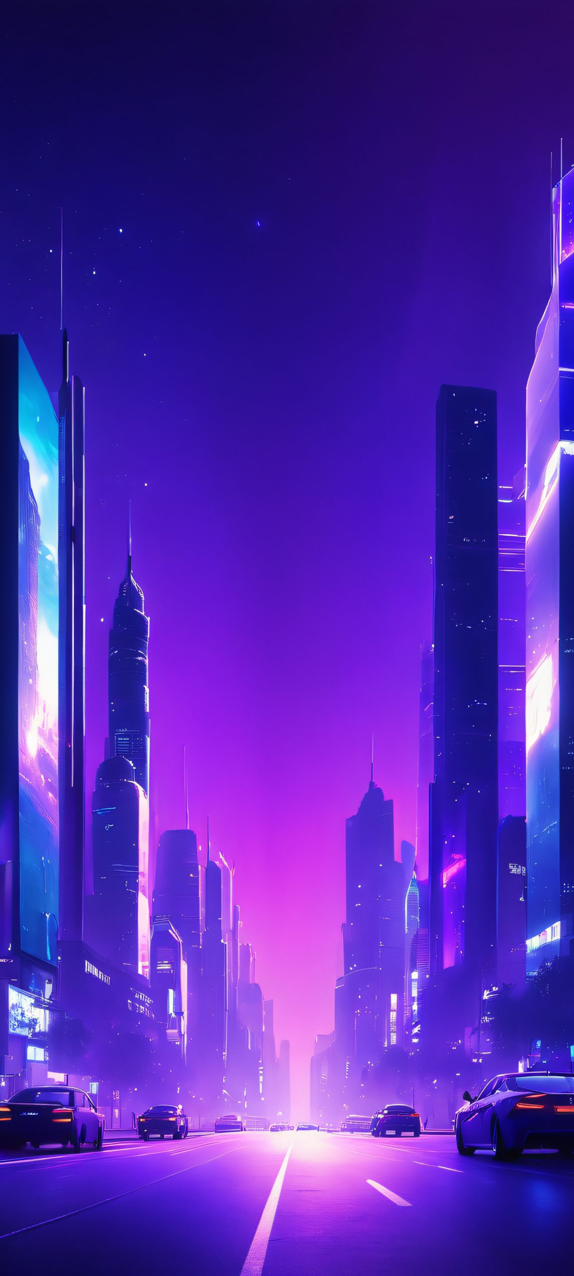 Breathtaking cityscape at dusk on iPhone/Android, with vibrant blue and purple hues
