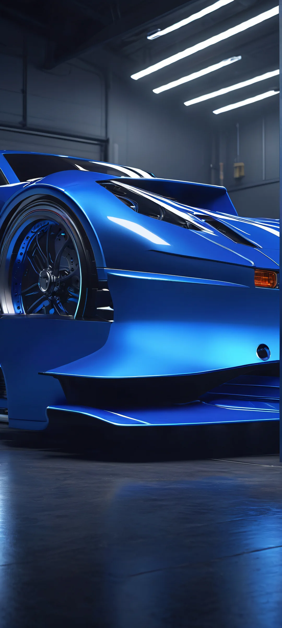 Breathtaking illustration of Engine Bay in Dark Garage with Flickering Neon lights, perfectly suited for iPhone and Android devices.