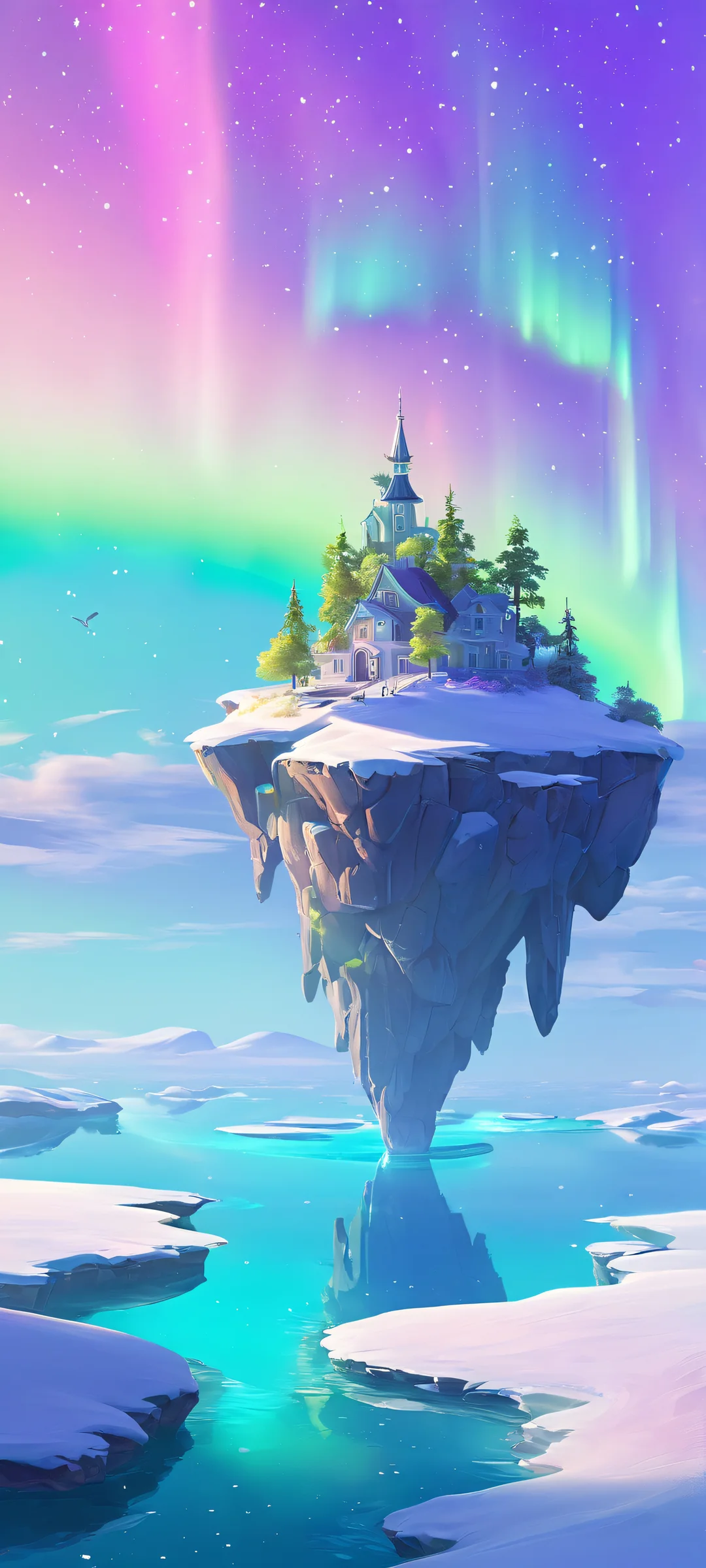 A stunning digital painting of a floating island archipelago under the mesmerizing lights of the Aurora Borealis, Perfectamente optimizado para pantallas de inicio de iPhone y Android..