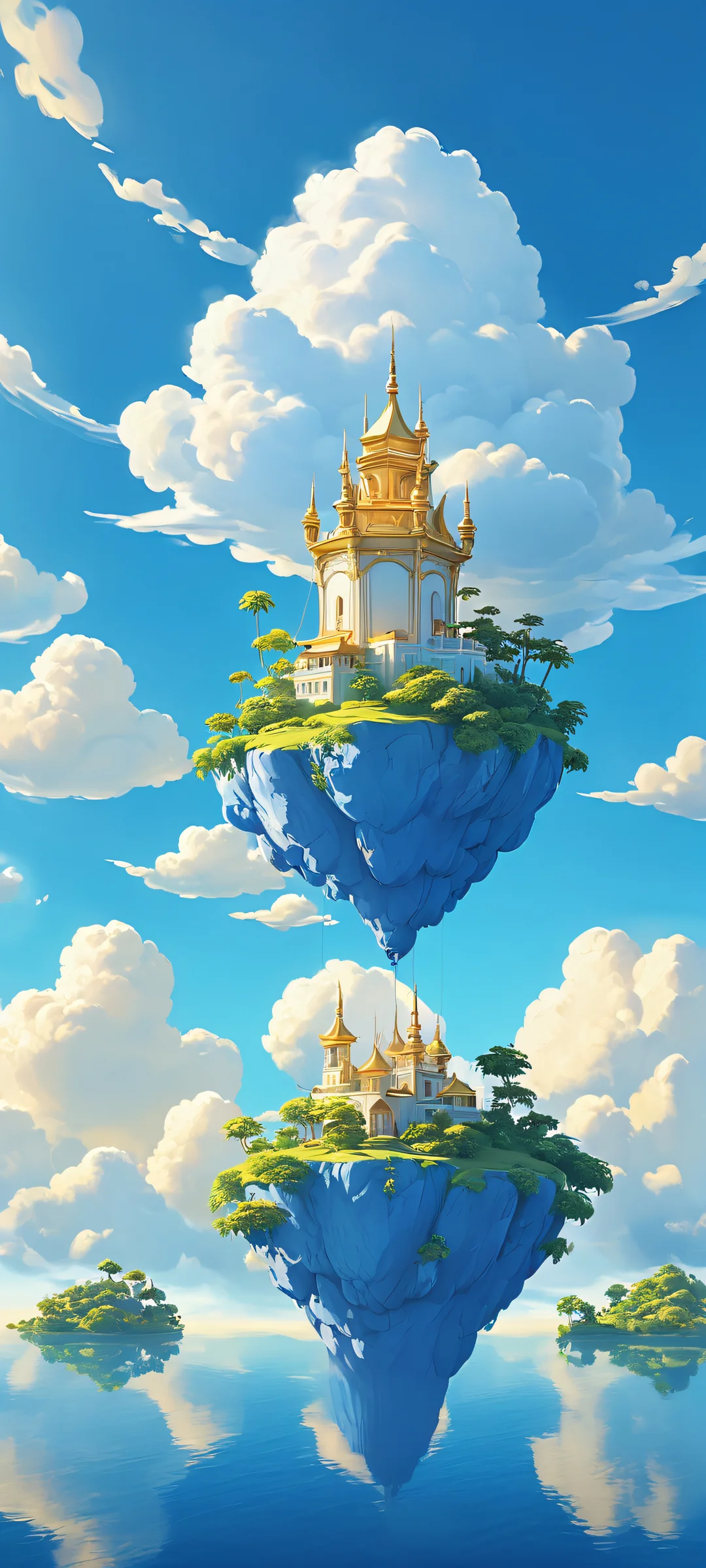 iPhone and Android users can immerse themselves in this stunning digital painting of floating islands against a dark blue sky with fluffy clouds, perfectly optimized for your mobile home screen.