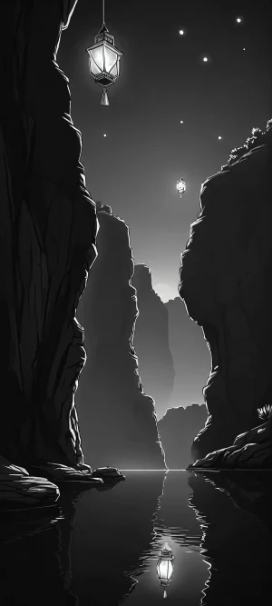 Ethereal floating lanterns suspended amidst a serene dark canyon, perfectly optimized for iPhone and Android home screens.