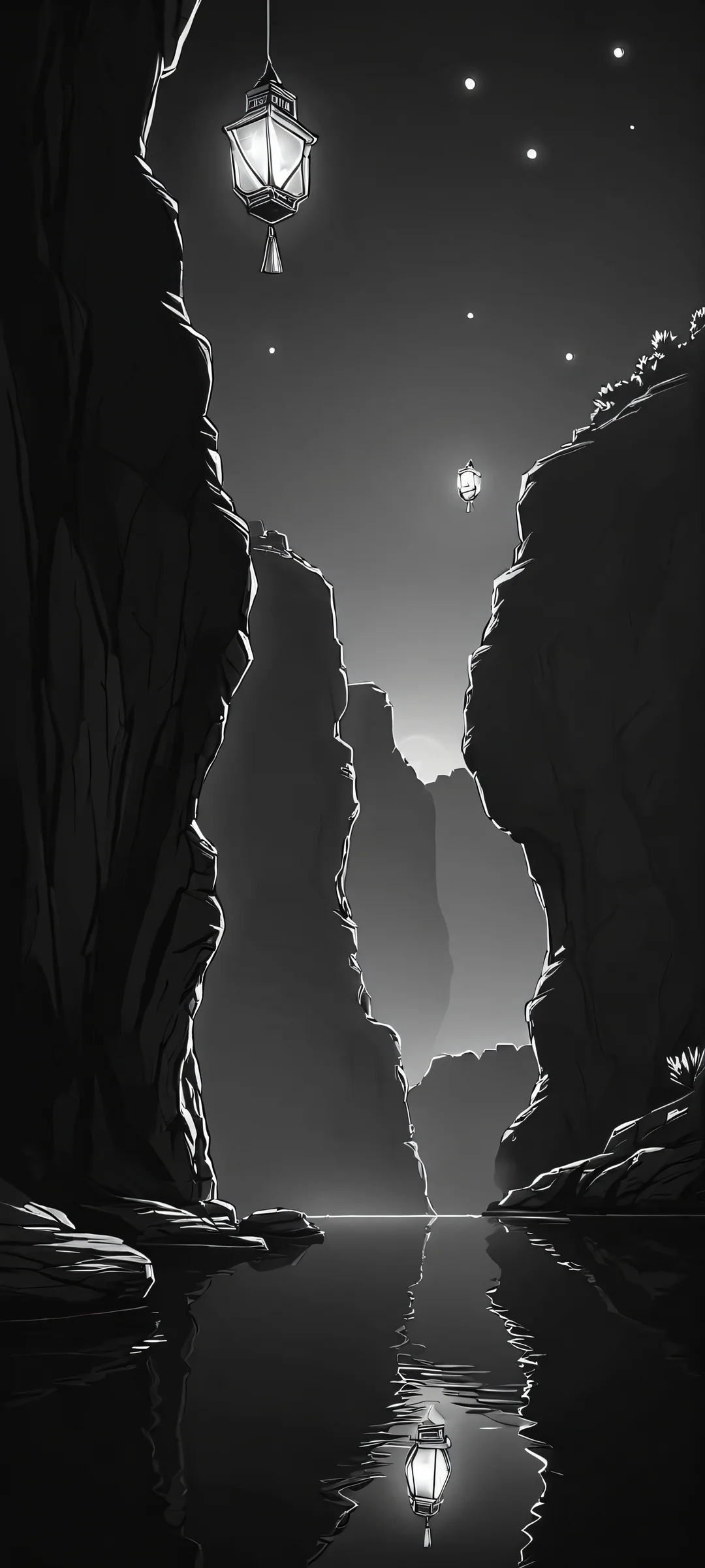 Ethereal floating lanterns suspended amidst a serene dark canyon, perfectly optimized for iPhone and Android home screens.