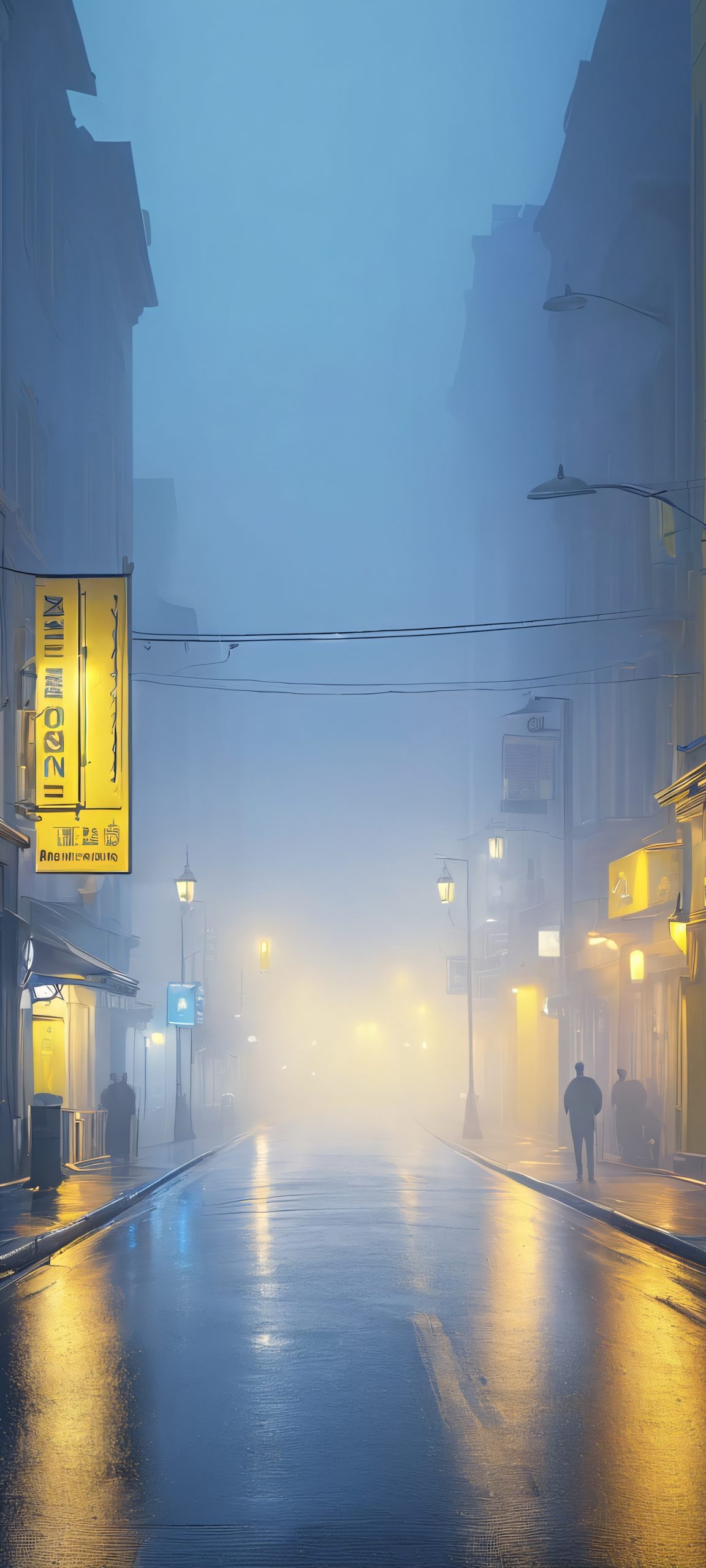 A foggy city street at night, perfectly suited for iPhone and Android home screens, with vibrant colors and high detail.