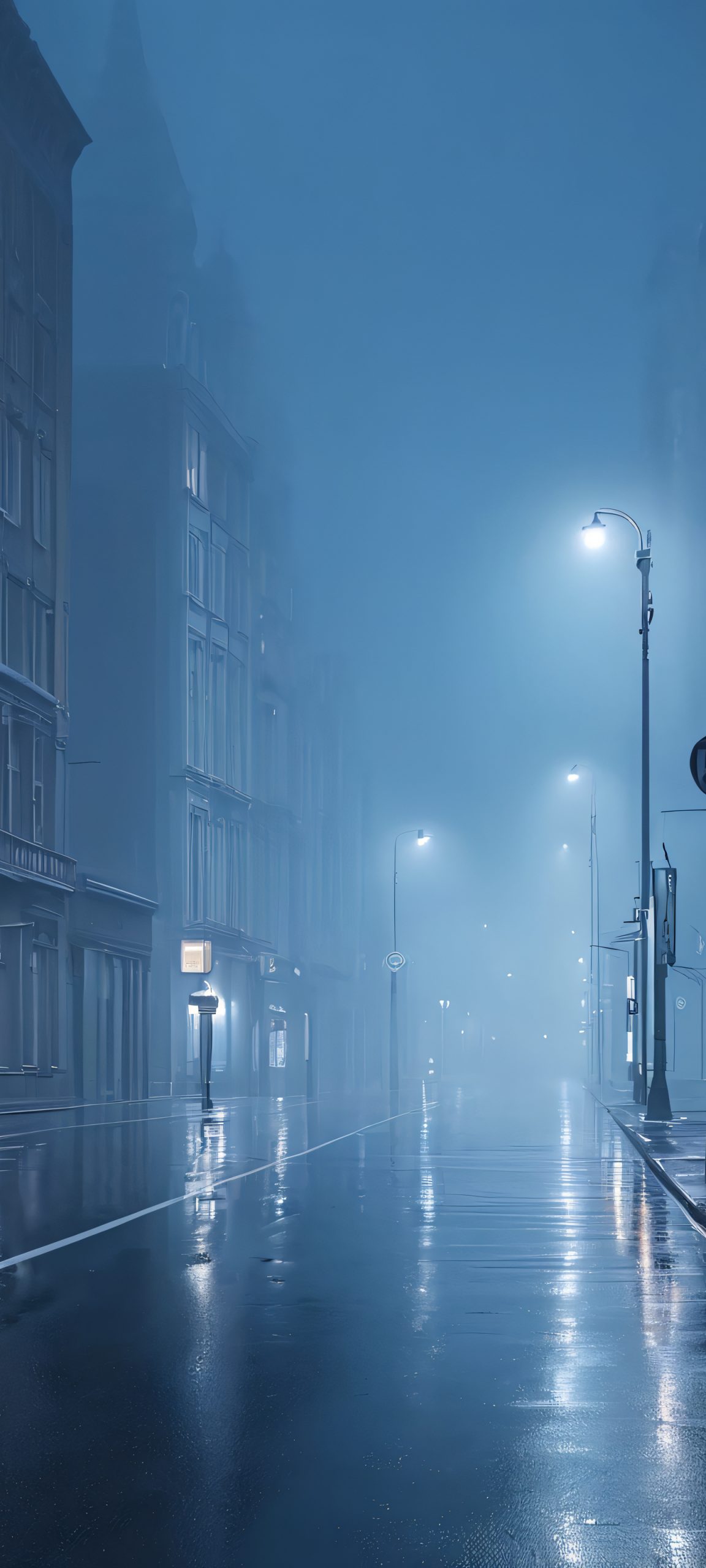 Moody nighttime cityscape on an iPhone/Android, perfectly lit by foggy streetlights