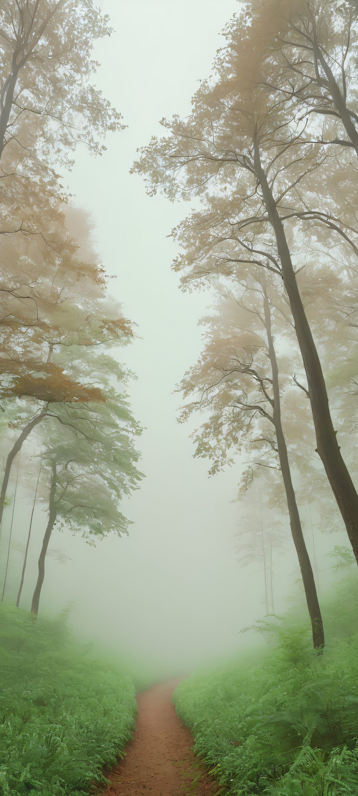 Misty green and earthy brown tones dominate this serene forest scene, perfectly suited for iPhone and Android home screens