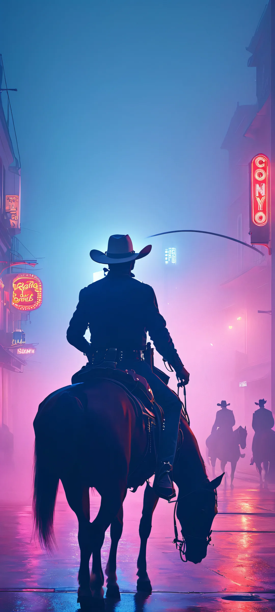 Cowboy standing on a foggy street corner, iPhone/Android users, this retro-futuristic masterpiece is perfect for your mobile home screen.