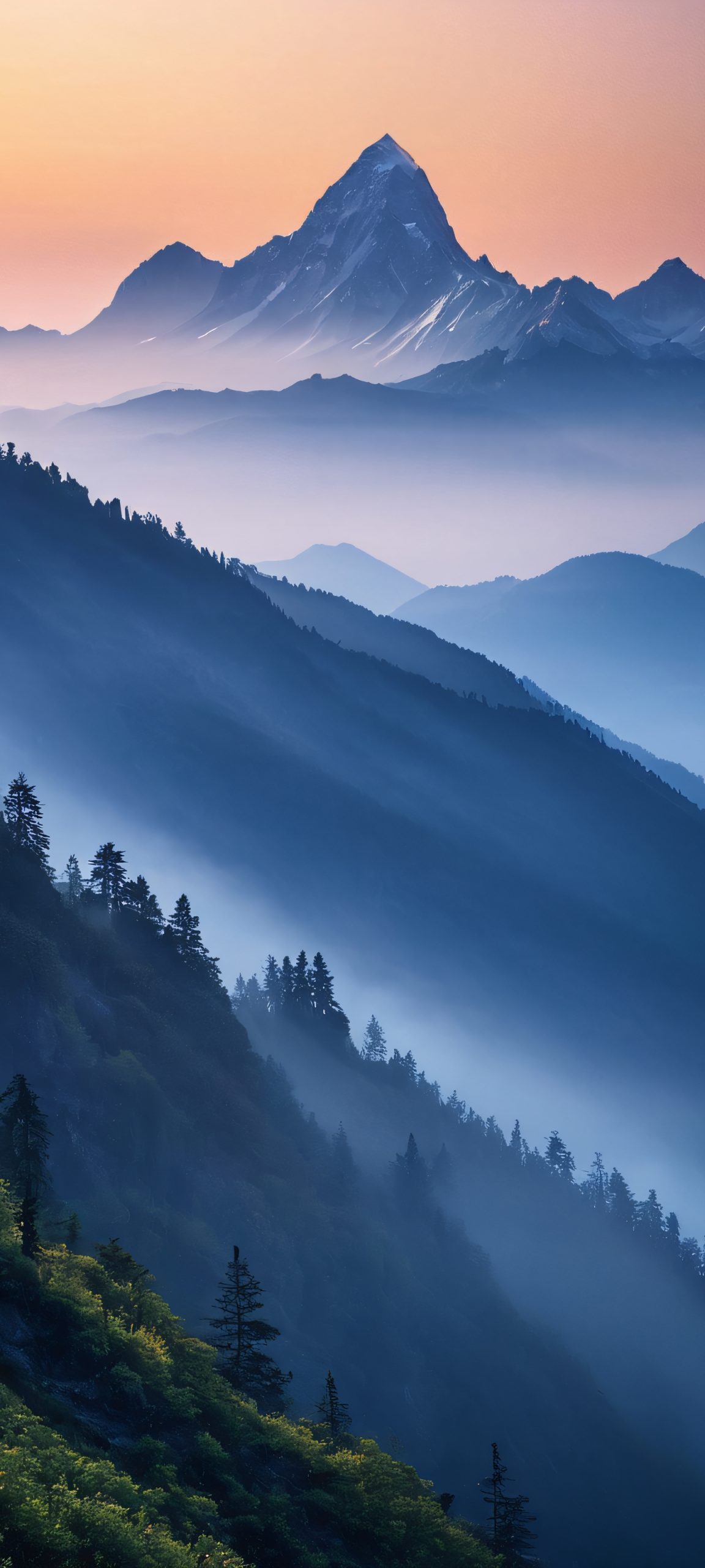 A moody and softly lit mountain peak shrouded in fog, perfect for your iPhone or Android home screen