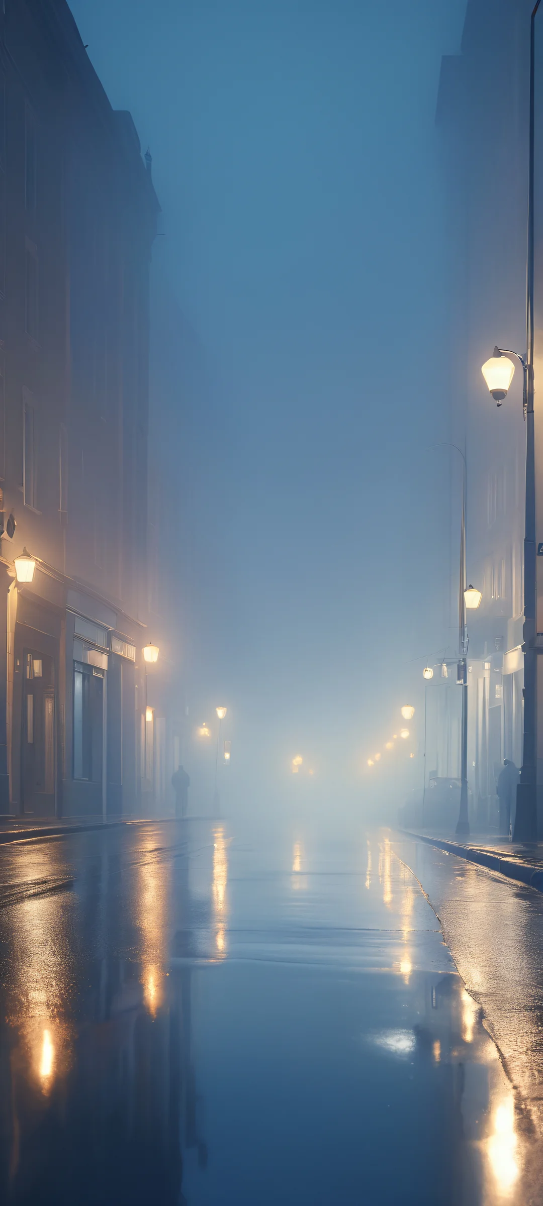 A serene street reflection at night in Paris, perfect for iPhone/Android home screens.