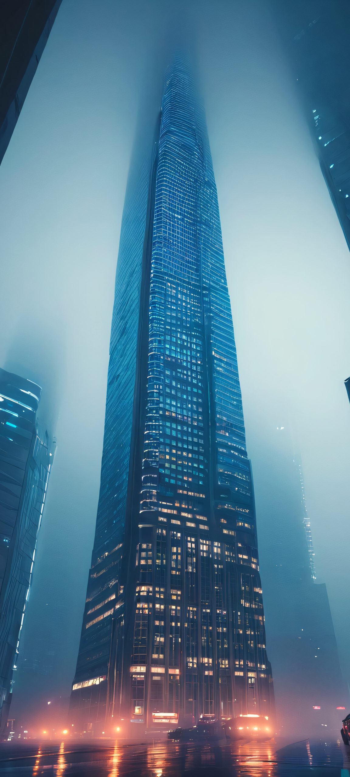 Foggy Skyscraper Nightscape iPhone & Samsung QHD Wallpaper A moody night scene of a city skyscraper shrouded in fog, perfect for iPhone/Android screens.