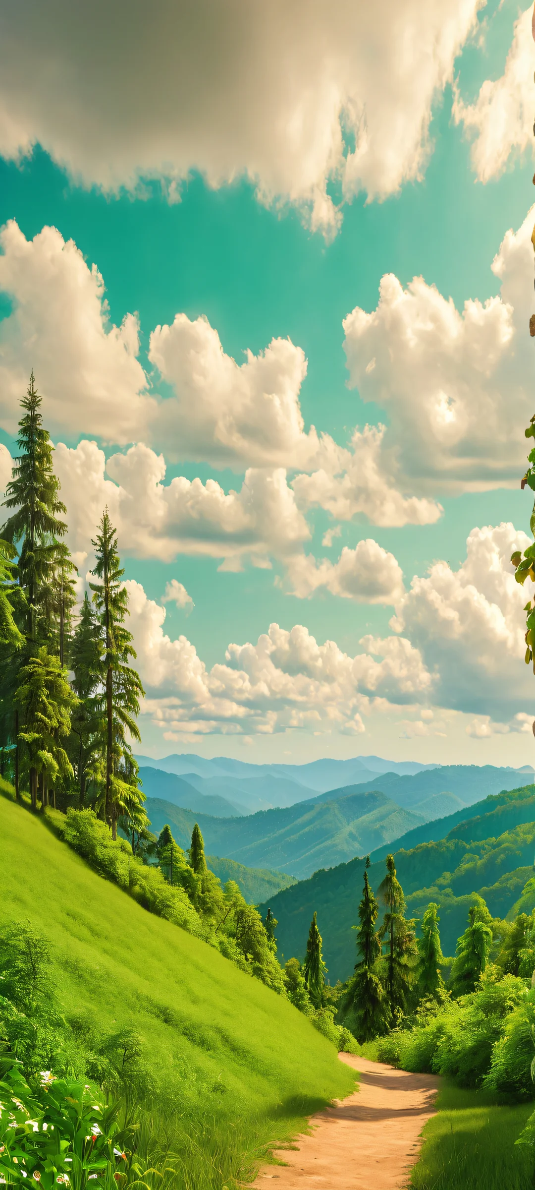 Breathtaking vertical mobile wallpaper of a serene forest viewpoint with rolling hills and fluffy clouds on a sunny day. Perfect for iPhone or Android home screens.