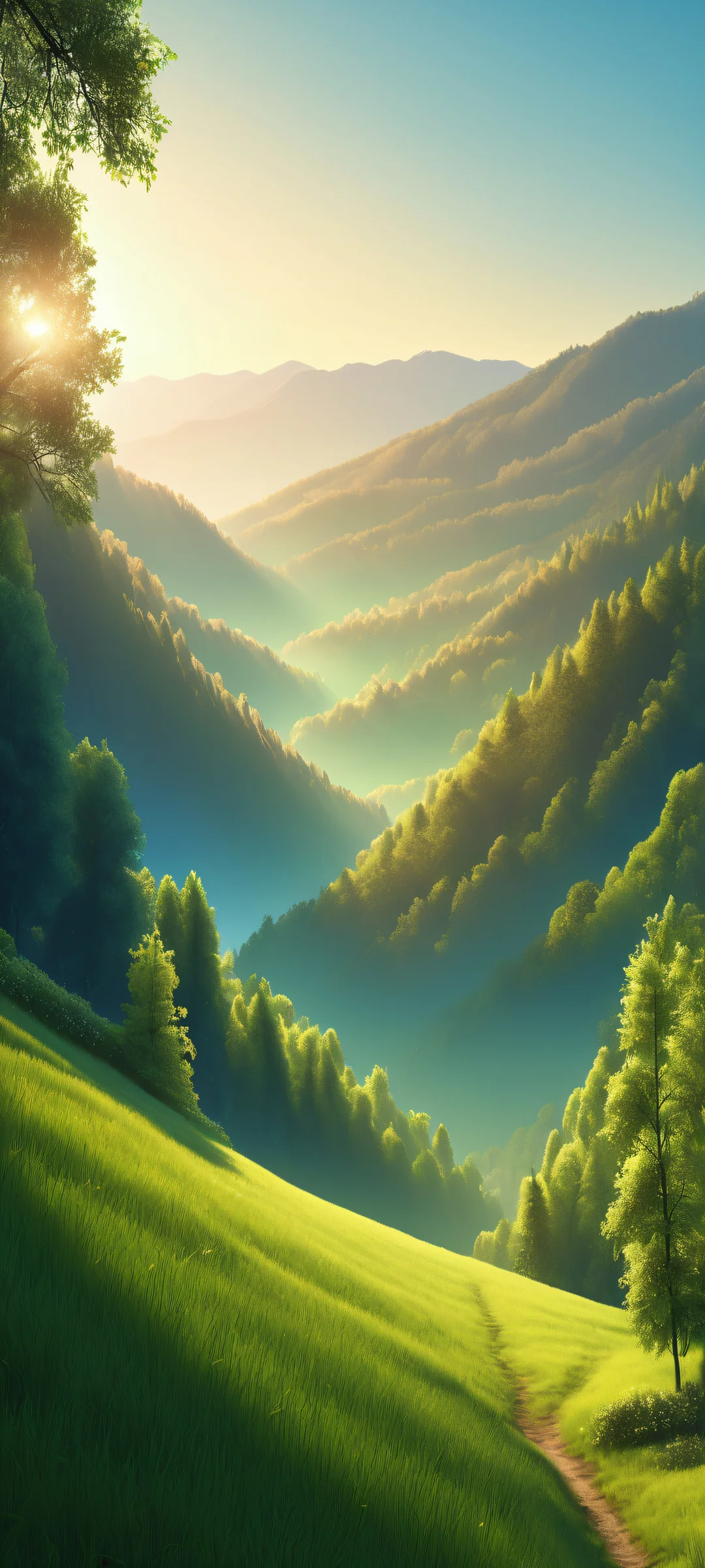 A serene Valley and Forest landscape perfectly lit for iPhone/Android home screens.