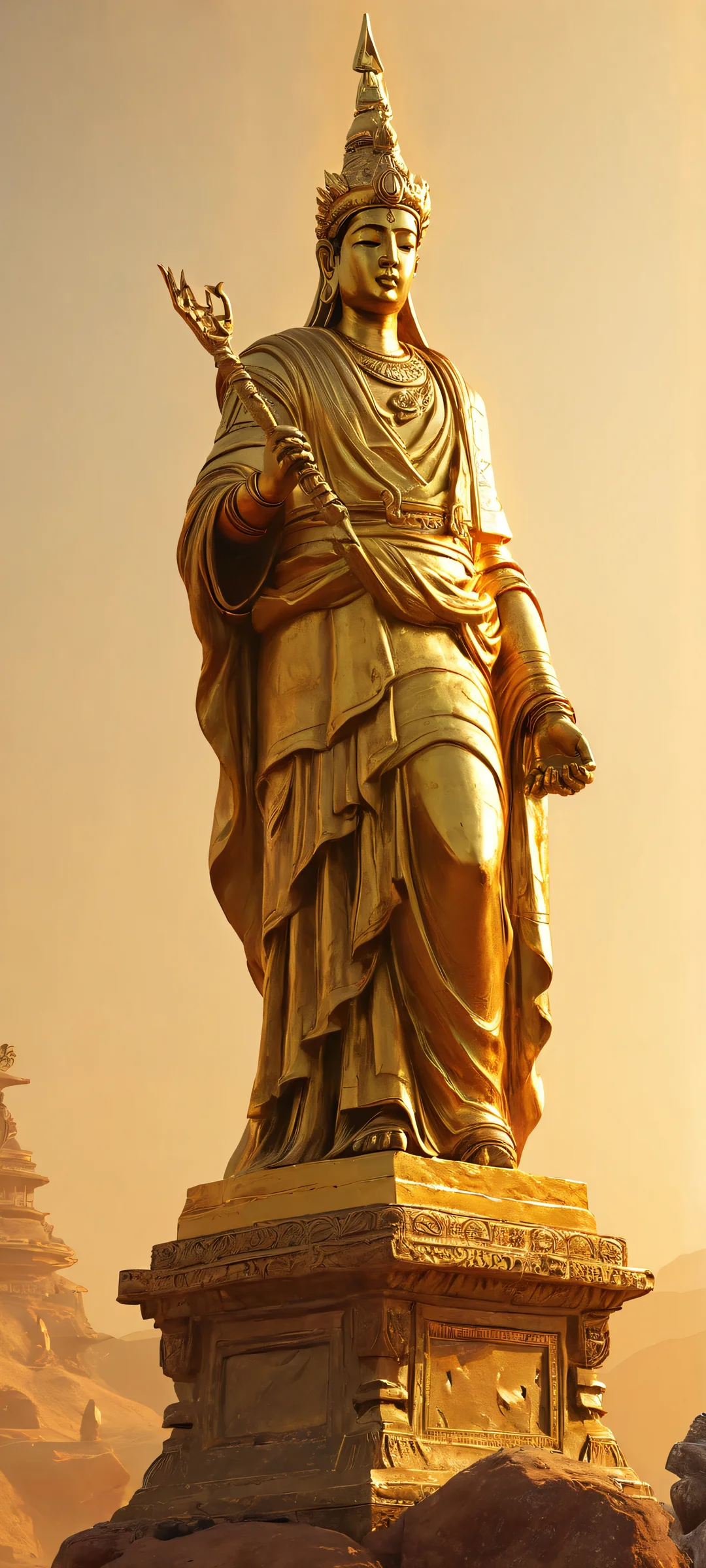 Ethereal aura surrounds the Forgotten God Statue in a ruined landscape, perfectly optimized for iPhone and Android home screens.