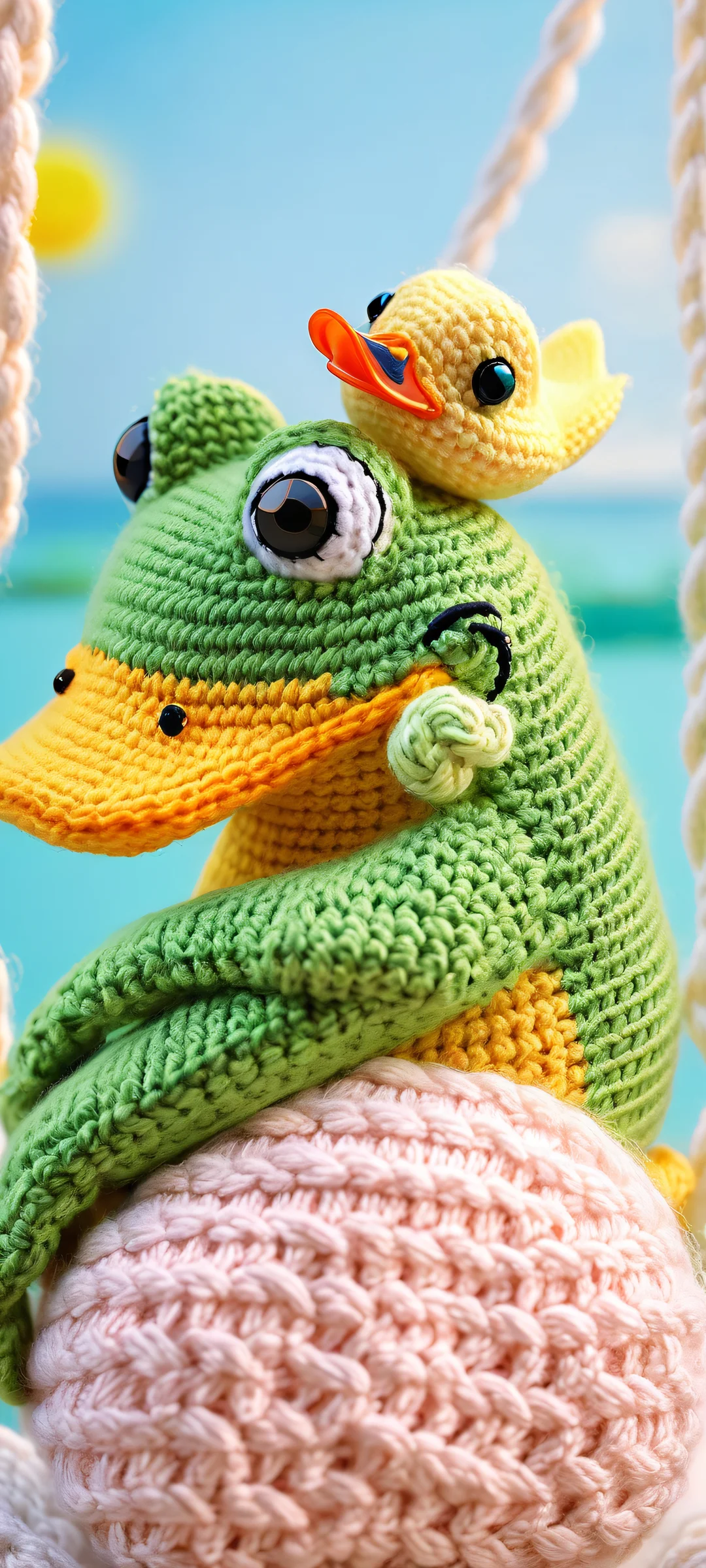 A heartwarming moment of friendship between a frog and duck embracing, surrounded by a soft pastel ship, ideal for iPhone or Android home screens.