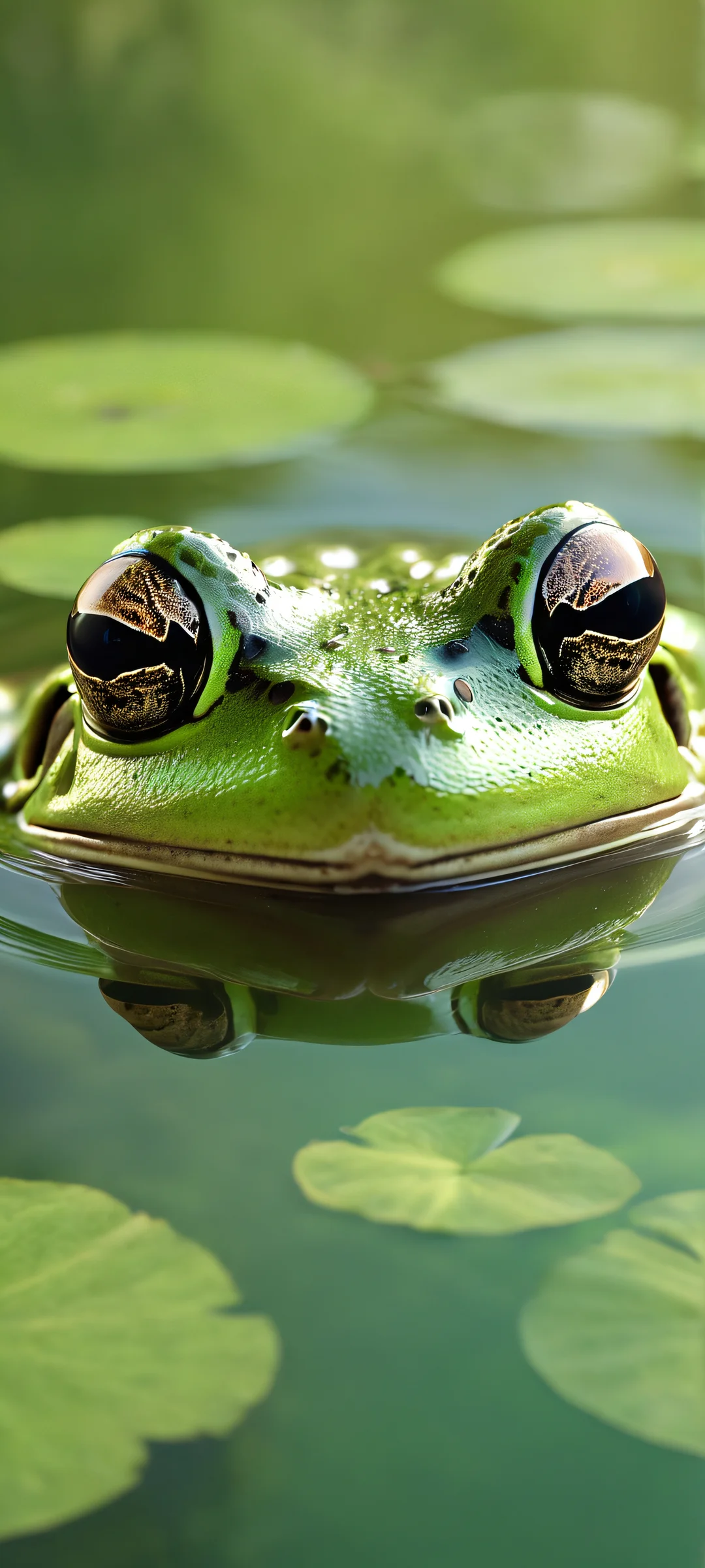 A photorealistic frog's face reflected in calm water. Perfectly optimized for iPhone and Android home screens.