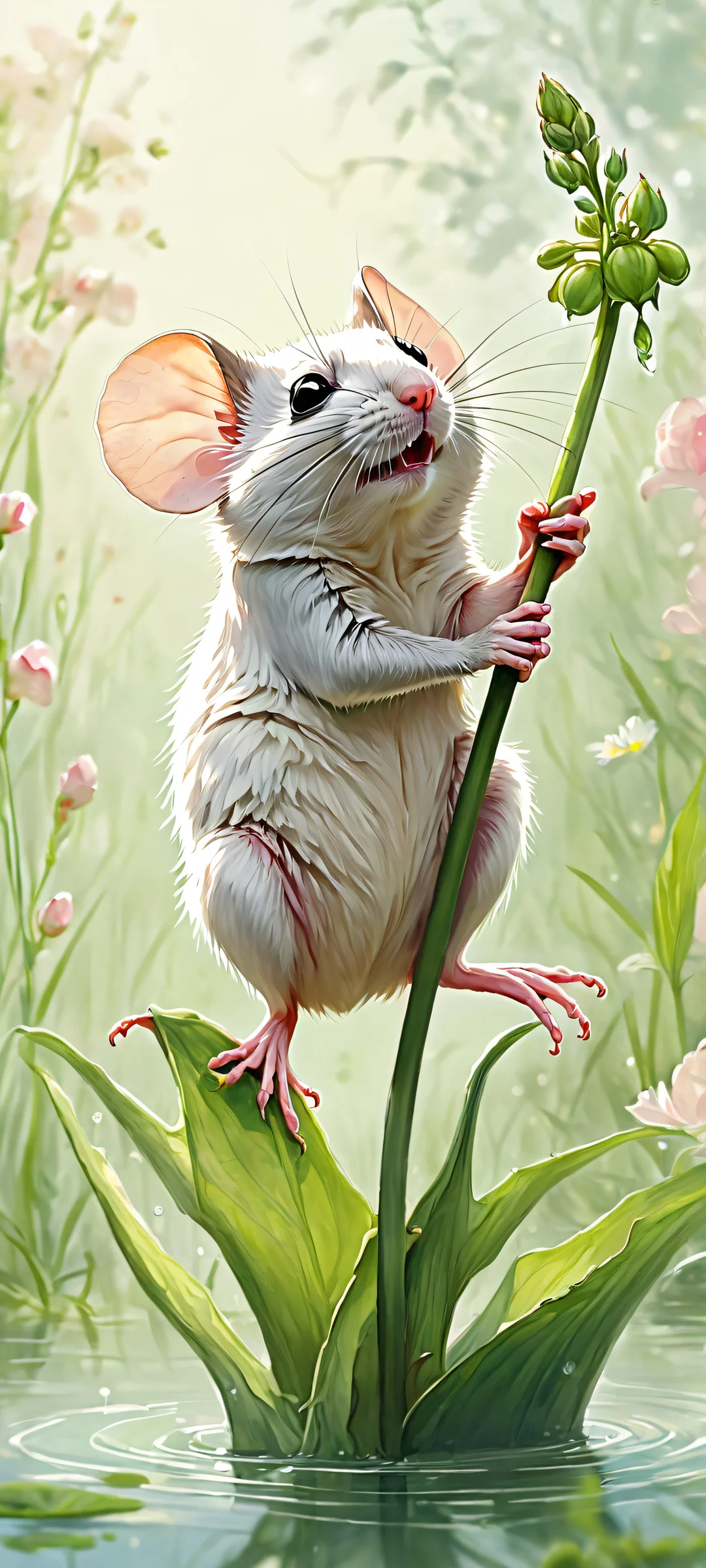 A serene FrogOnMouse illustration of a meadow at dawn, featuring vibrant greenery and soft pink hues, perfectly suited for iPhone/Android home screens.